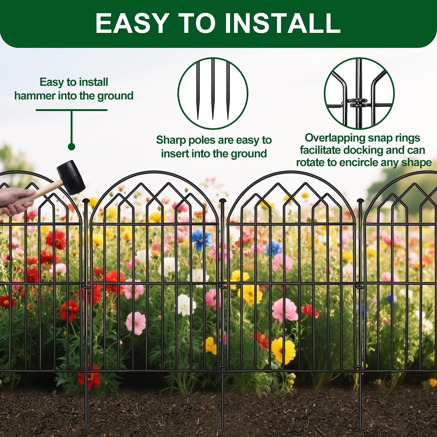 Decorative Garden Fence 17in x 10.8ft (10 Panels), Rustproof Metal No Dig Arched Garden Border Fencing with Stakes