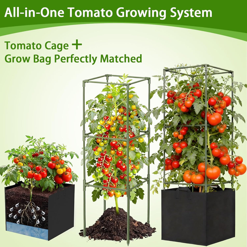 Tomato Cages for Garden, Tomato Planter with Trellis, 48in Tall Square Tomato Trellis with 18 Gallon Grow Bags, Patio &