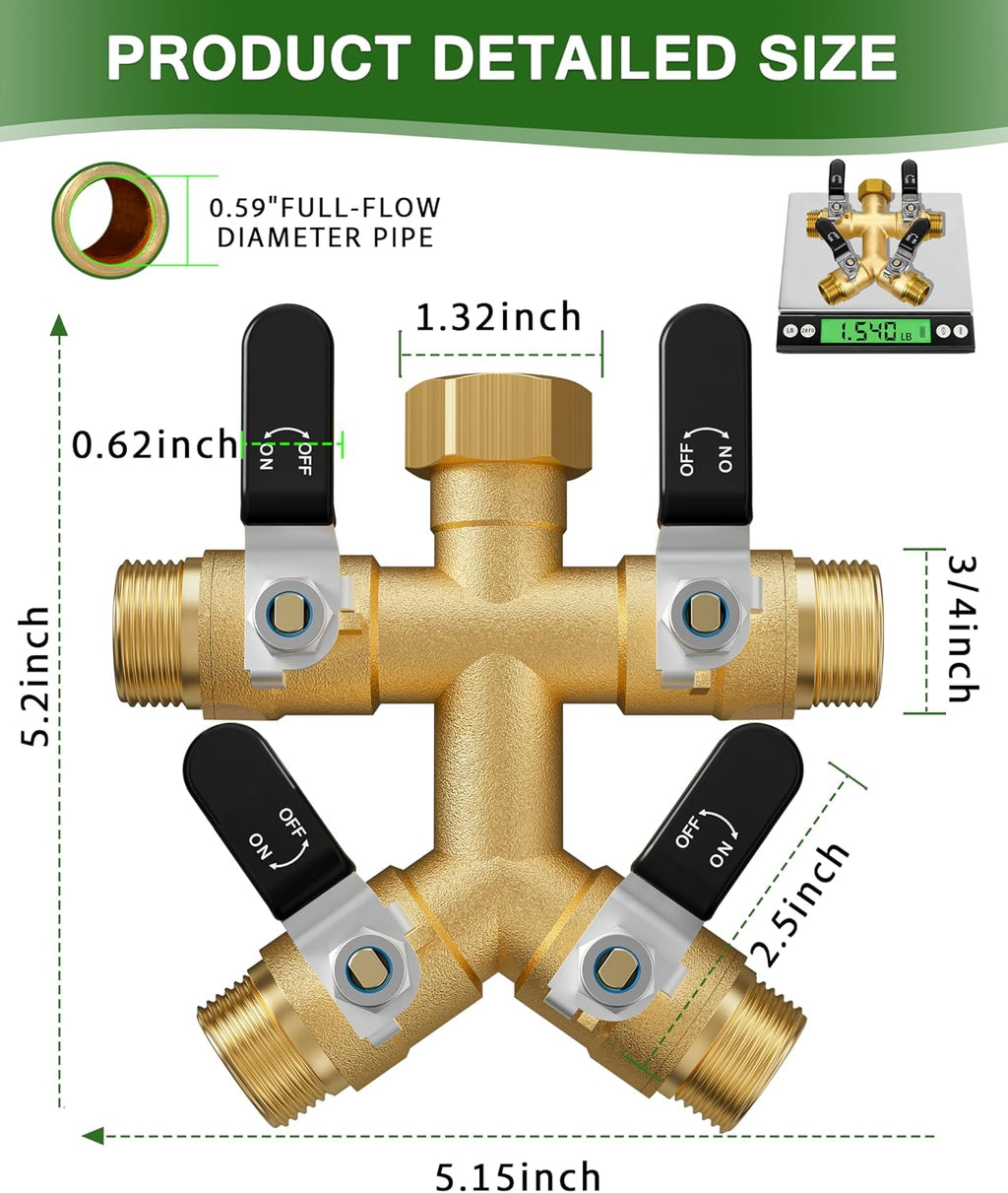 4 Way Hose Splitter, Heavy Duty Brass Garden Hose Splitter, Water Hose Bib Spigot Splitter with 0.59" Full Flow Ball