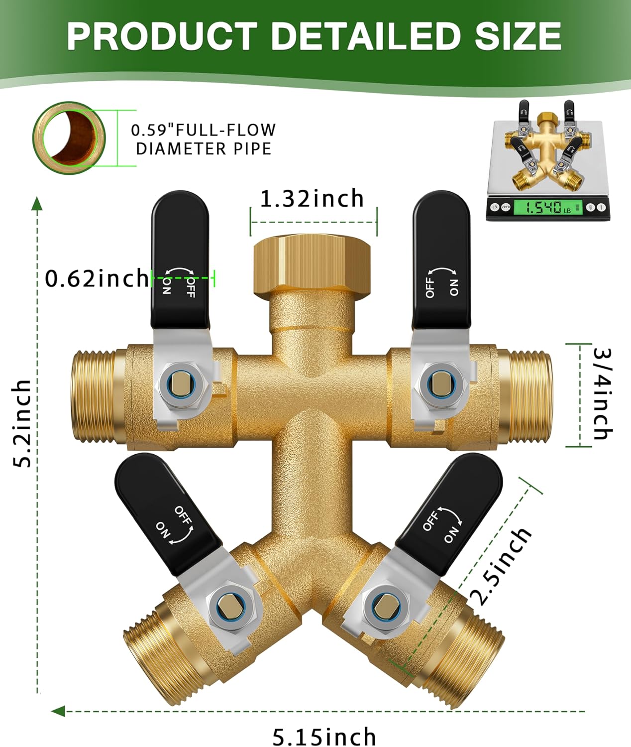 4 Way Hose Splitter, Heavy Duty Brass Garden Hose Splitter, Water Hose Bib Spigot Splitter with 0.59" Full Flow Ball