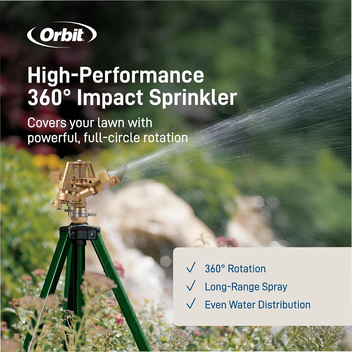Orbit Tripod Lawn Zinc Impact Sprinkler - 360 Degree Rotating Yard Sprinkler with Adjustable Height - Heavy-Duty Zinc