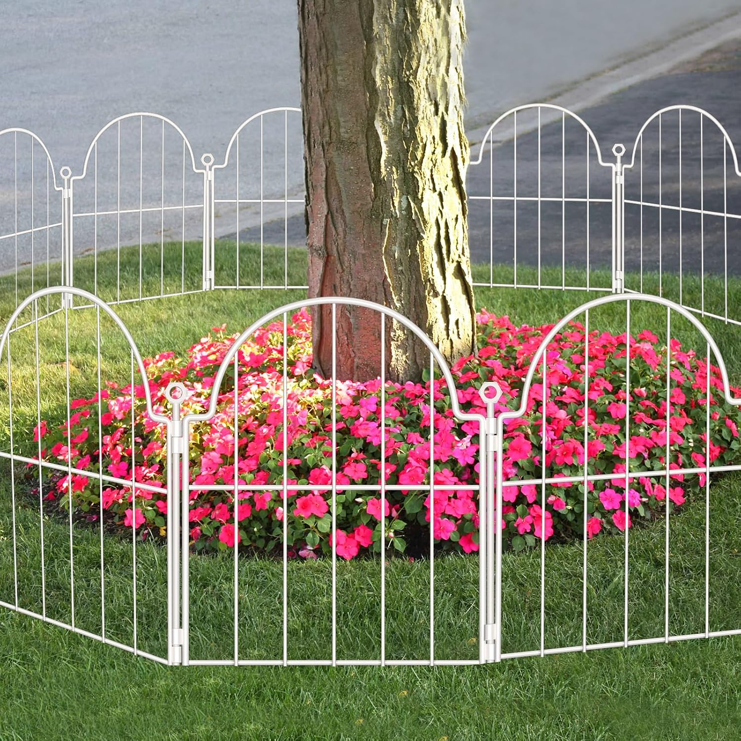 30 Pack White Decorative Garden Fence, 17in(H) x 32ft(L), with Ground Stake | Arched Rustproof Metal No Dig Garden