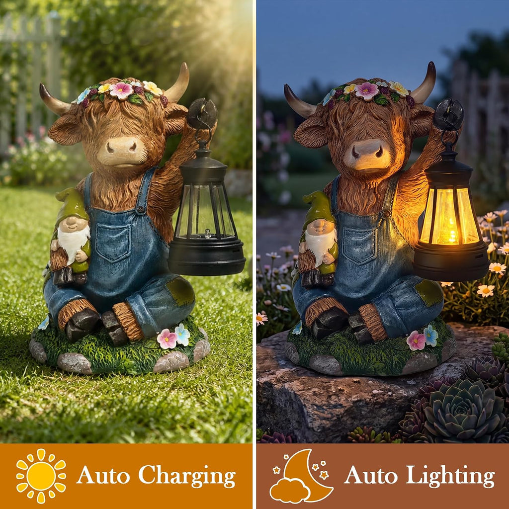 Solar Highland Cow Outdoor Statues Garden Decor with LED Light | Cute Animal Figurine Funny Resin Decoration for Patio