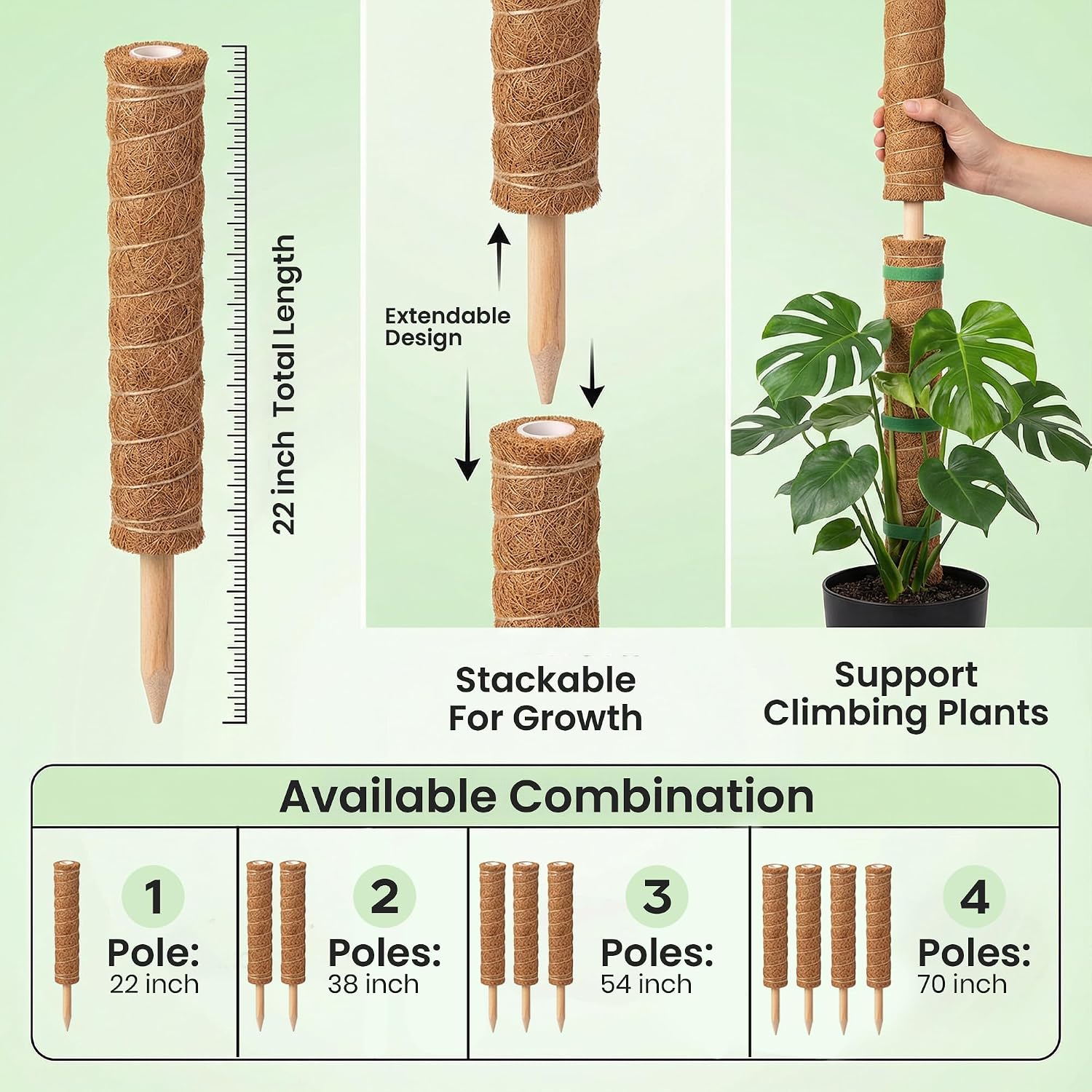 4 Pack 22" Moss Pole Monstera Plant Support - Stackable up to 70" - Plant Stakes for Indoor Climbing Plants Potted
