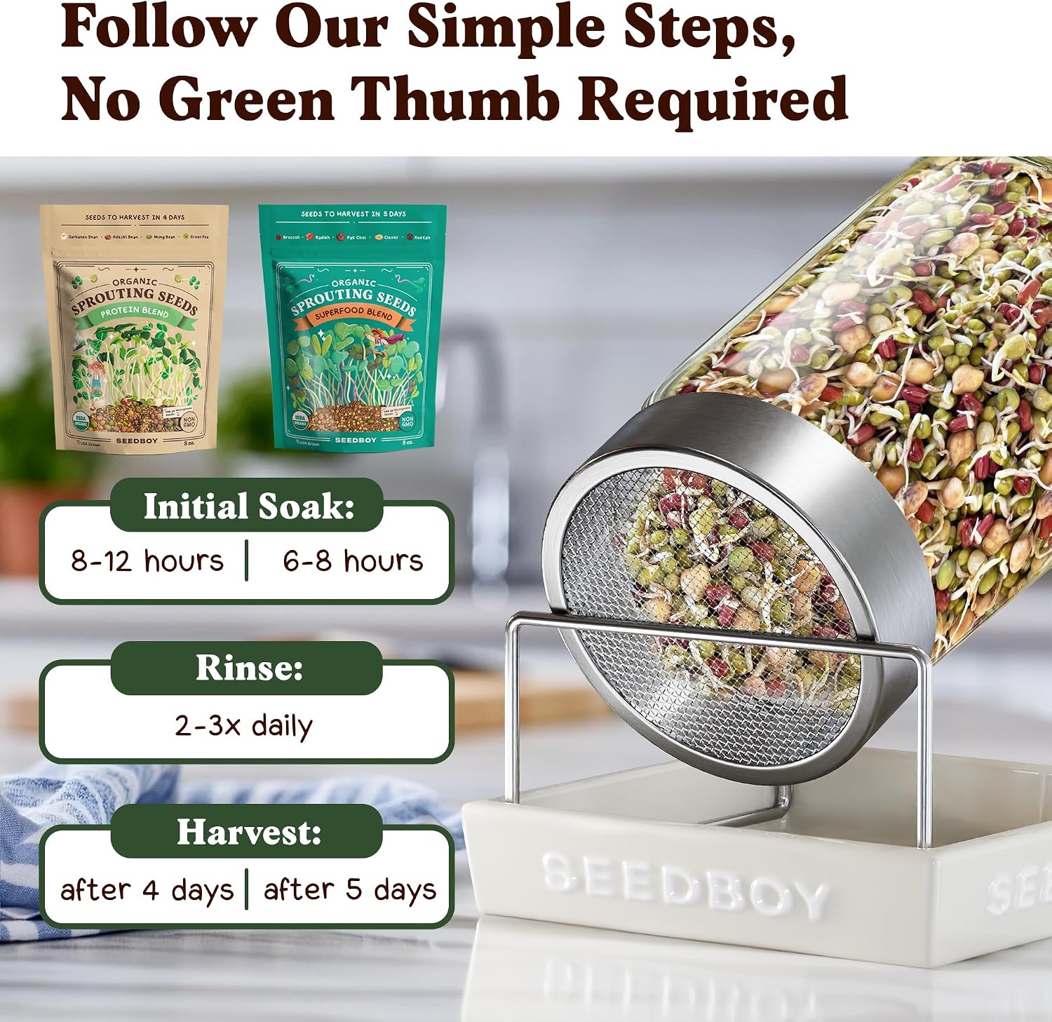 Organic Non-GMO Sprouting Seeds 2-Pack (Superfood/Protein) | Two 8 oz Bags Make 14 Quarts / 56 Servings; USDA Certified