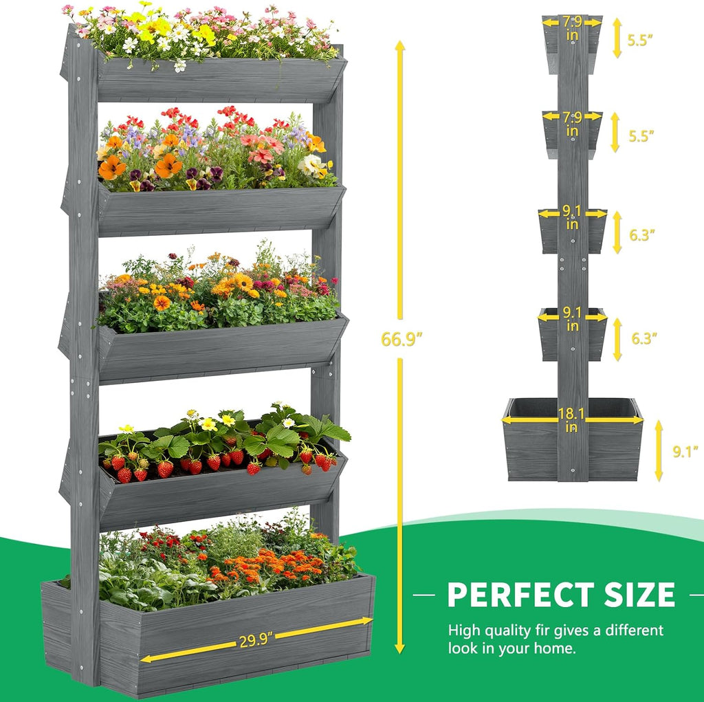 Vertical Raised Garden Bed, 5 Tier Freestanding Garden Planters | Wooden Plant Stand Flower Rack with Planter Box for