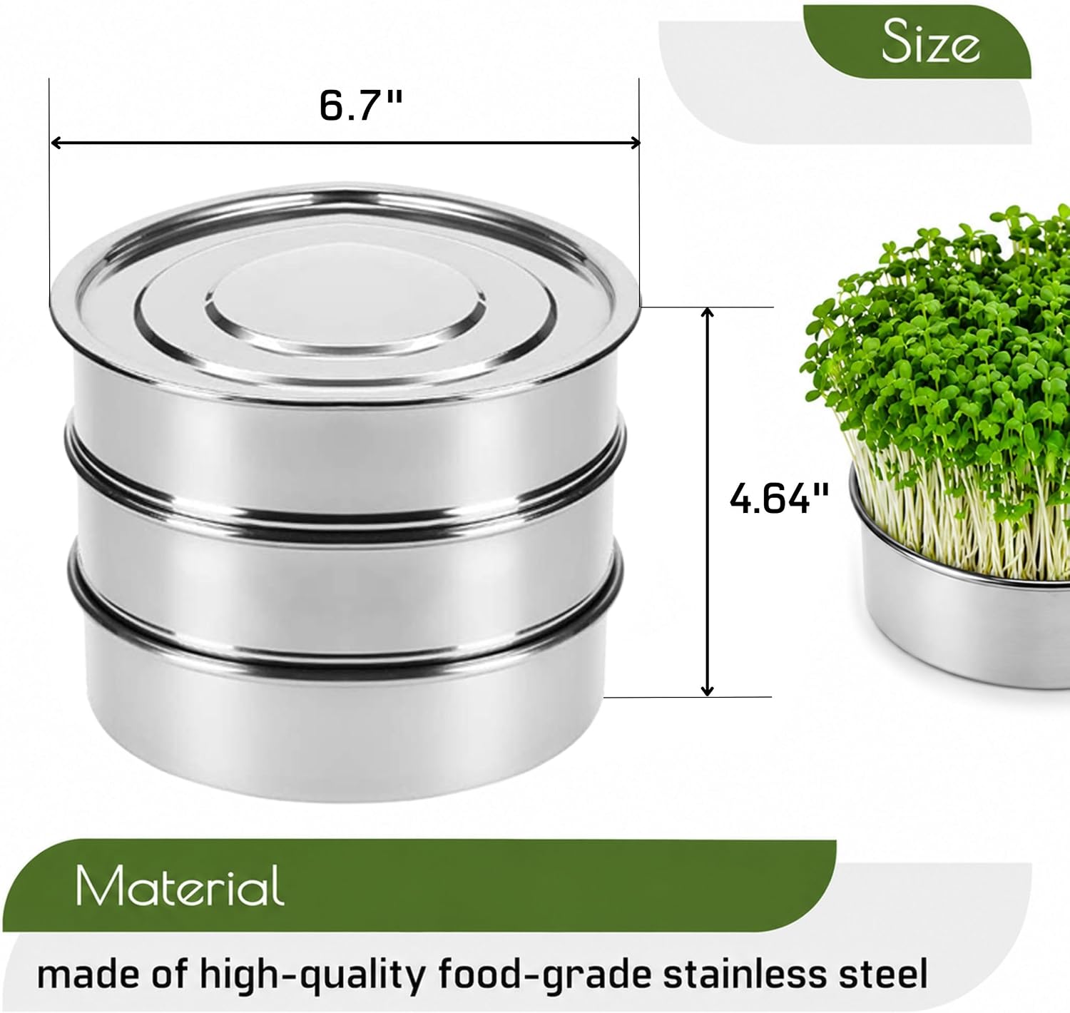 6'' Stainless Steel Sprouting Tray Round – 3-Tier Seed Gardening Planter Tray for Microgreens Broccoli Sprouts Growing