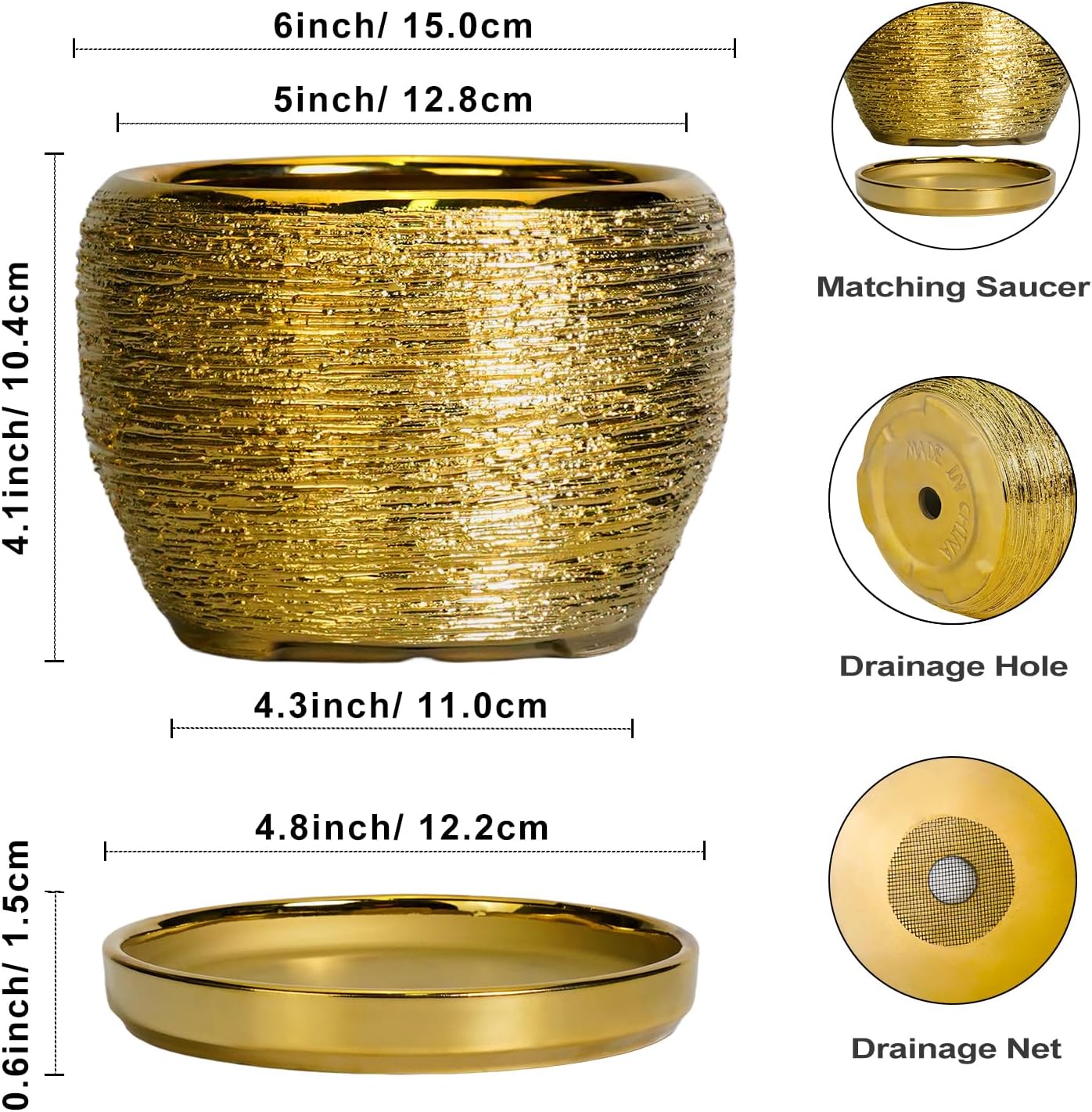 SQOWL Ceramic Planter - 6 Inch Plant Pot Indoor Outdoor, Modern Round Planter with Drainage Hole and Plant Saucer