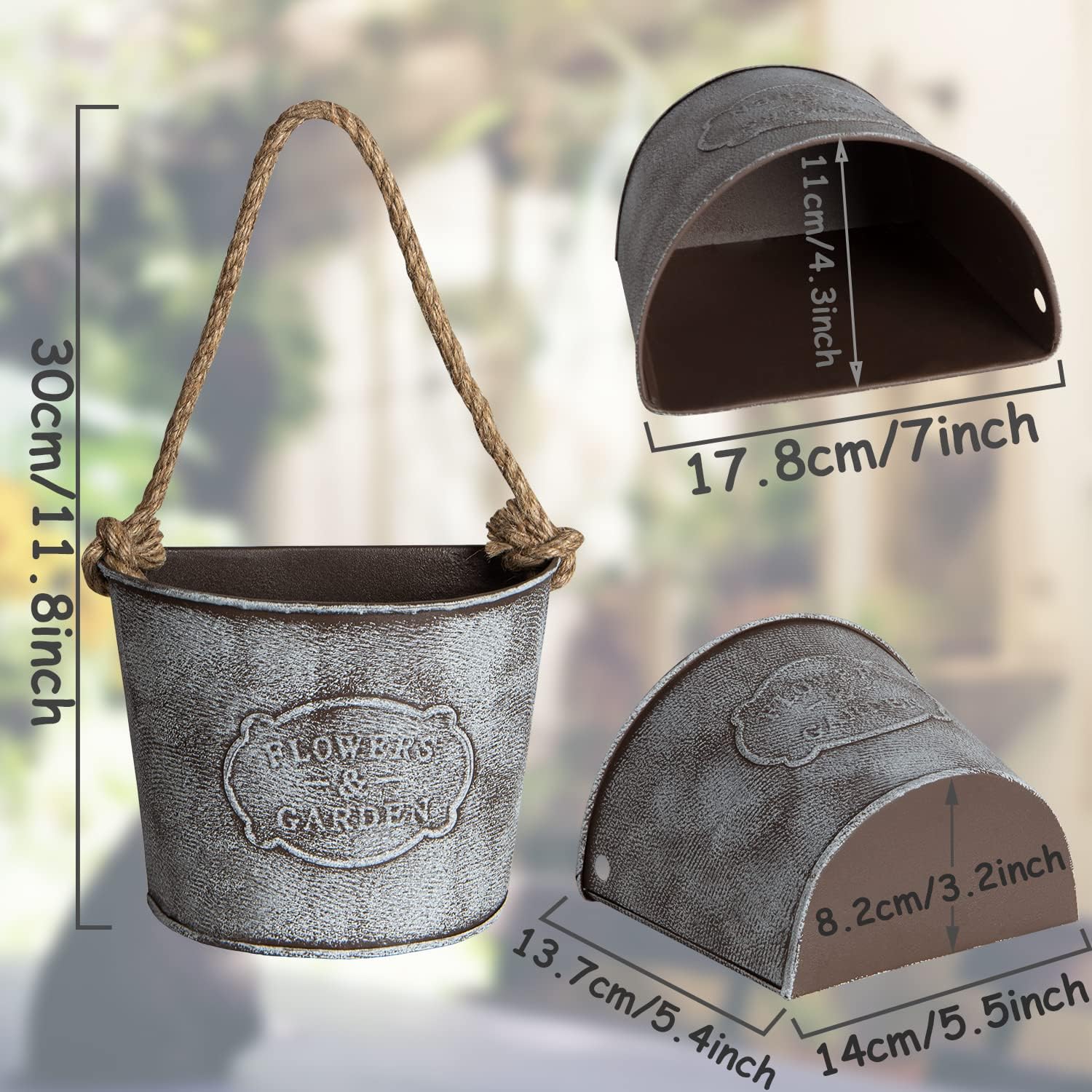 XONOR 4Pcs Galvanized Metal Hanging Wall Planter, Rustic Wall Flower Vase for Succulents Herbs Country Home Farmhouse