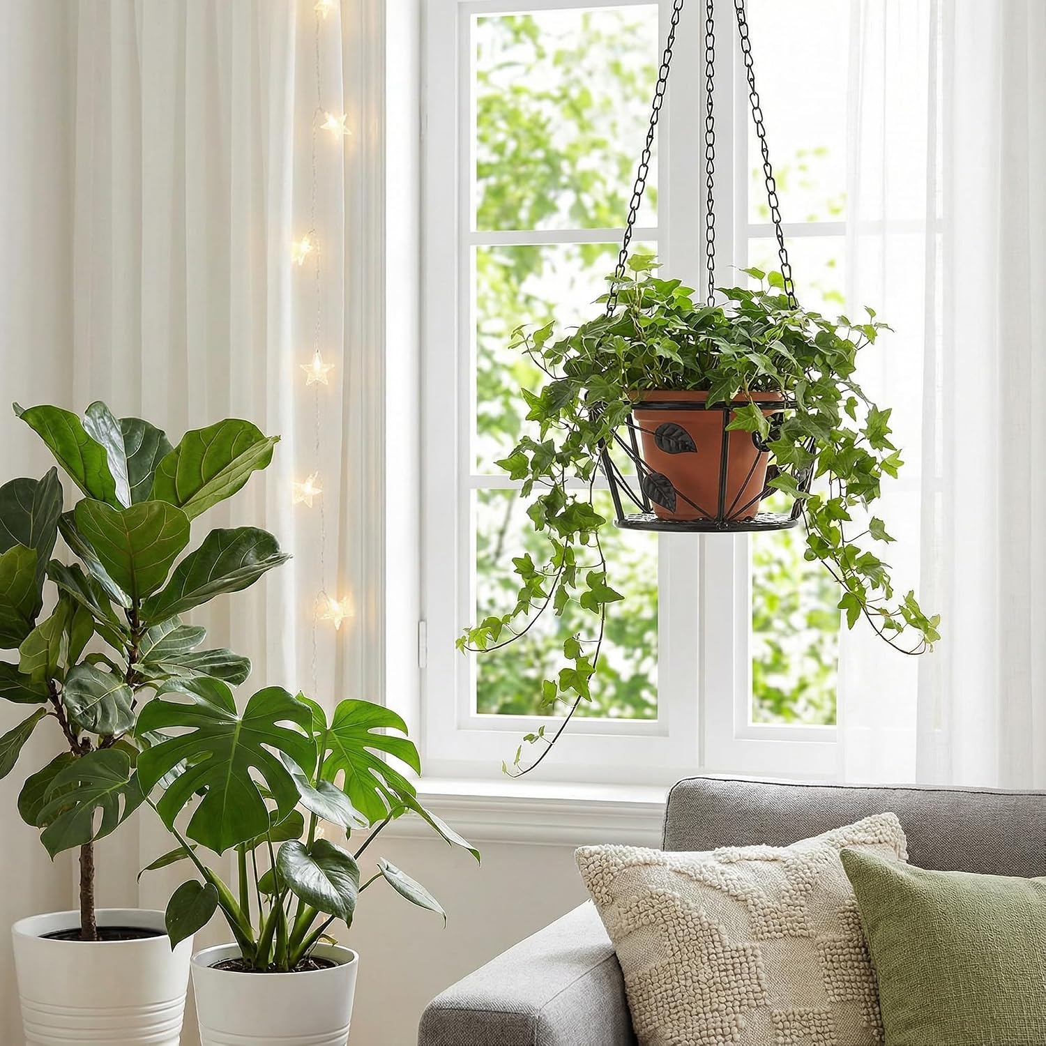 Goaste 2 Pack Metal Plant Hanger, Hanging Plant Holder with Ceiling Hook, Modern Plant Hanging Basket, Decorative
