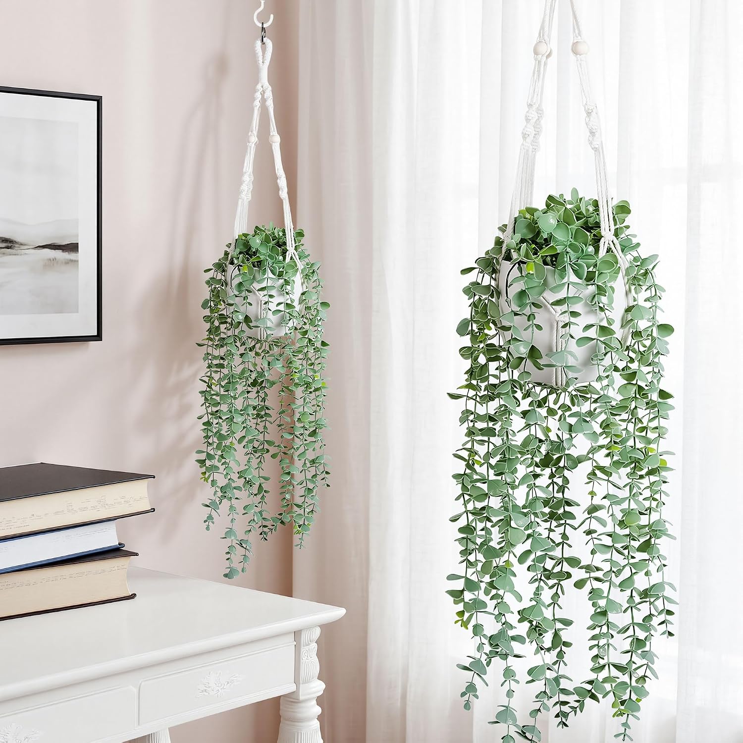DREAMLOOM 2 Packs Fake Hanging Plants with Pots, Artificial Eucalyptus Hanging Plants with Macrame Hanger for Indoor