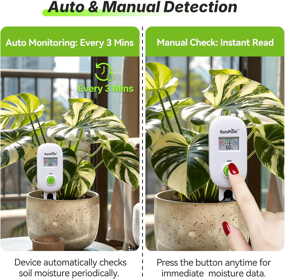 RAINPOINT Smart Soil Moisture Meter,Visual Gauge, Optional WiFi Hub for App | Leave-In Wireless Soil Moisture Sensor