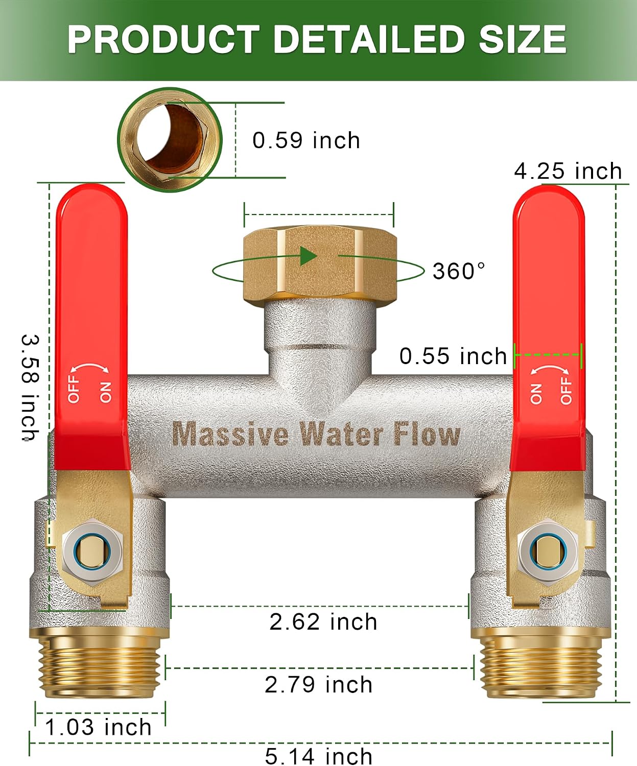Hose Splitter 2 Way Heavy Duty, Brass Garden Hose Splitter | 304 Stainless Steel Long Handle, Full Flow Nickel Plated