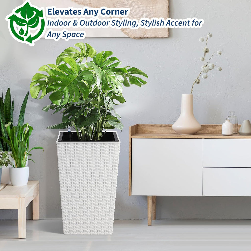 Garvee Set of 4 Tall Outdoor Planters, 16 Inch Planters for Outdoor Plants | Modern Tall Planters with Drainage System