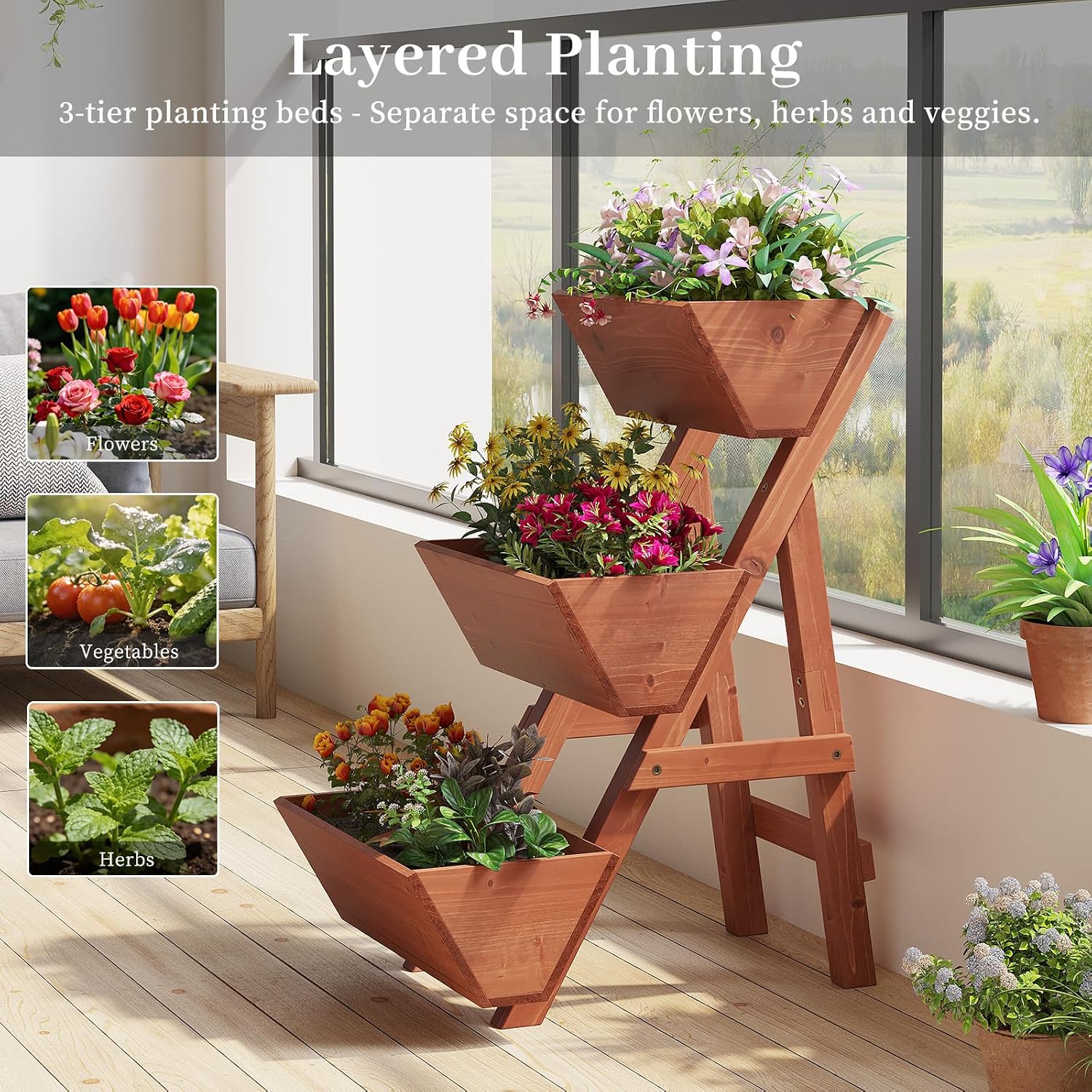 Kitsanery 3-Tiers Wooden Raised Garden Bed,Wood Planter Box for Vegetable,Flower Rack,Flower Pot Stands,Indoor Outdoor