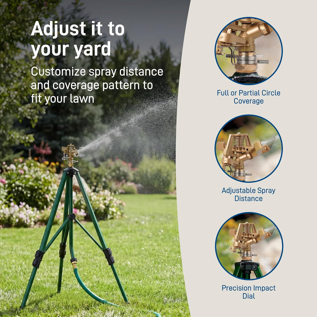 Orbit Tripod Lawn Zinc Impact Sprinkler - 360 Degree Rotating Yard Sprinkler with Adjustable Height - Heavy-Duty Zinc