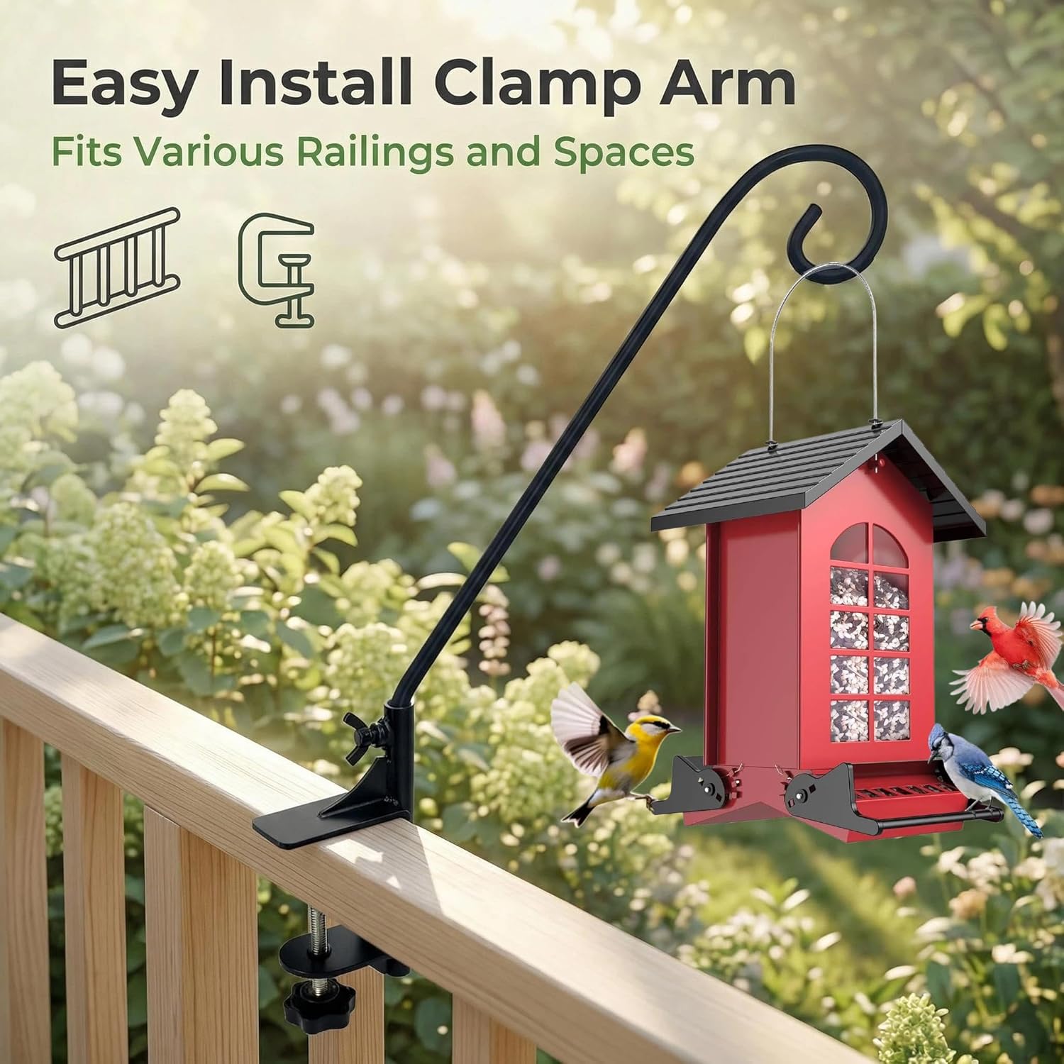 Heavy Duty Deck Hook,360 ° Rotating Design,Pole 15”Long Metal Deck Railing Hooks for Hanging Bird Feeders,Planters,Suet