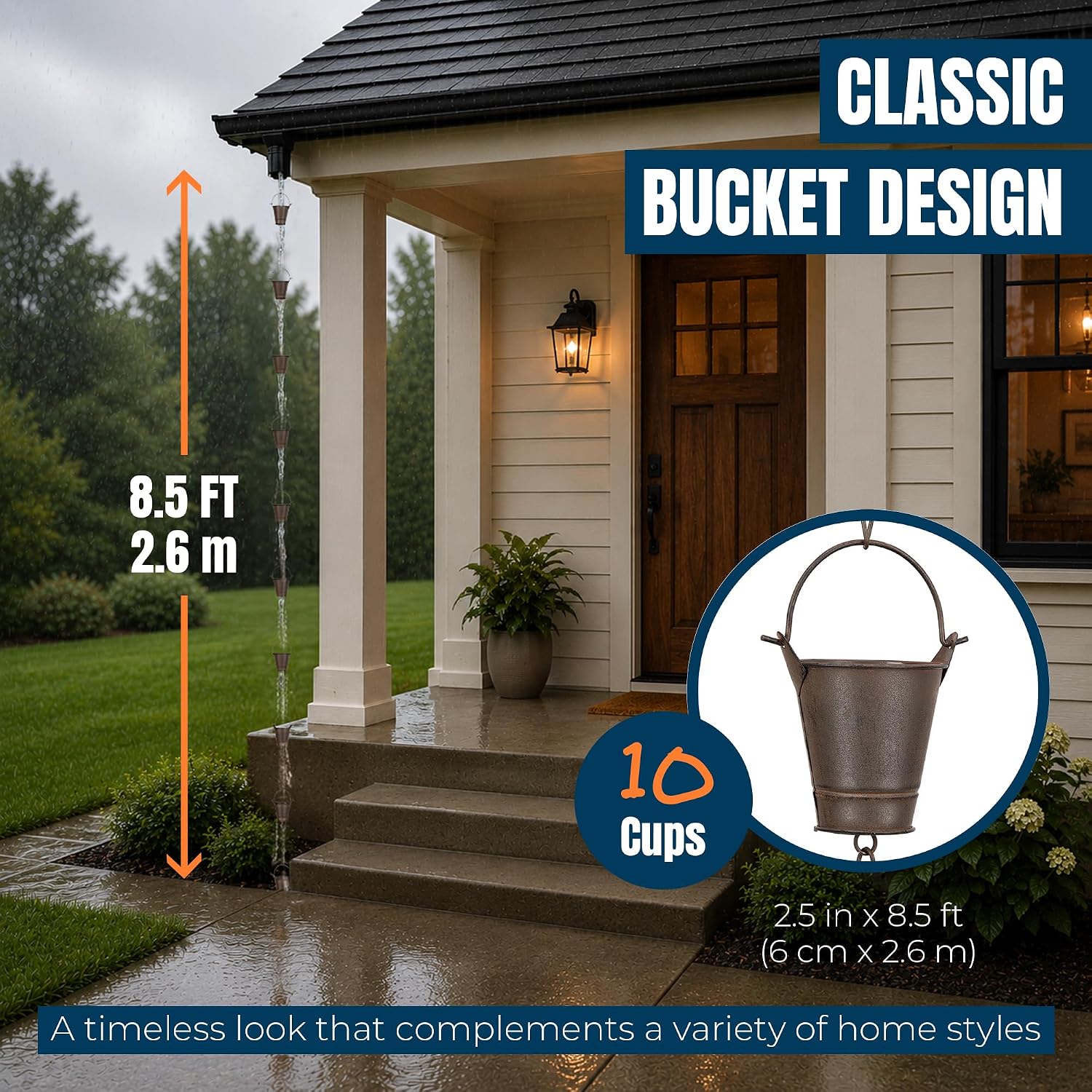 MEKKAPRO Iron Rain Chain for Gutters, 8.5ft 10-Cup, Dark Brown, Bucket-M | Iron Powder-Coated Chain Built for Heavy
