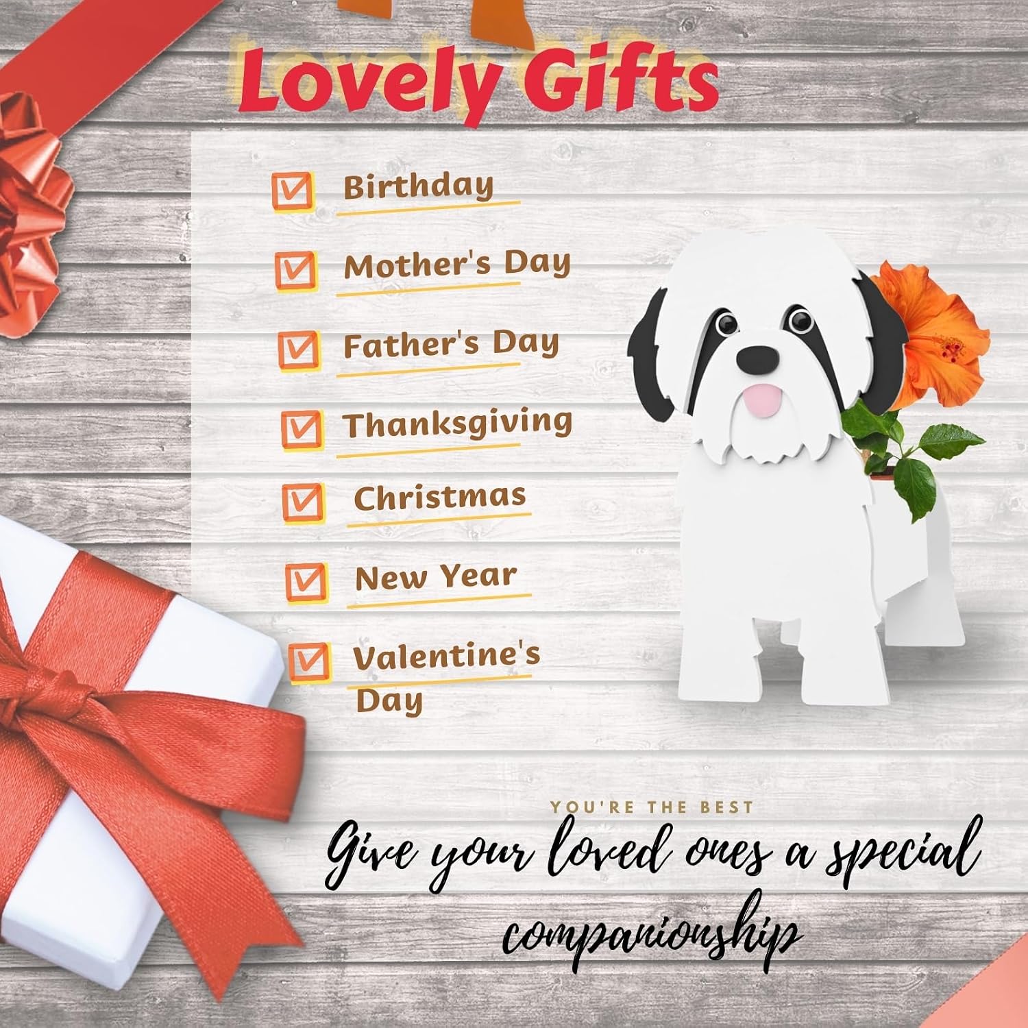 Black and White Shih Tzu Dog Planter, Animal Shaped Flower Pot | Cute Plant Gift for Women and Pet Lovers, Indoor