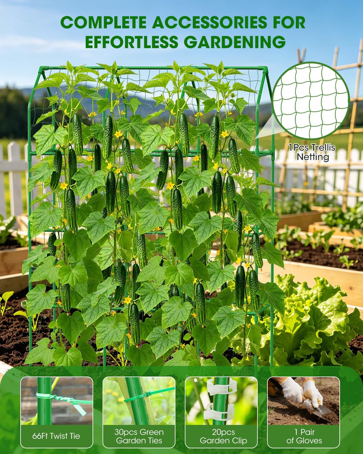 65" Cucumber Trellis for Climbing Plants Outdoor, Metal Garden Trellis for Raised Bed, Plant Support Structures with