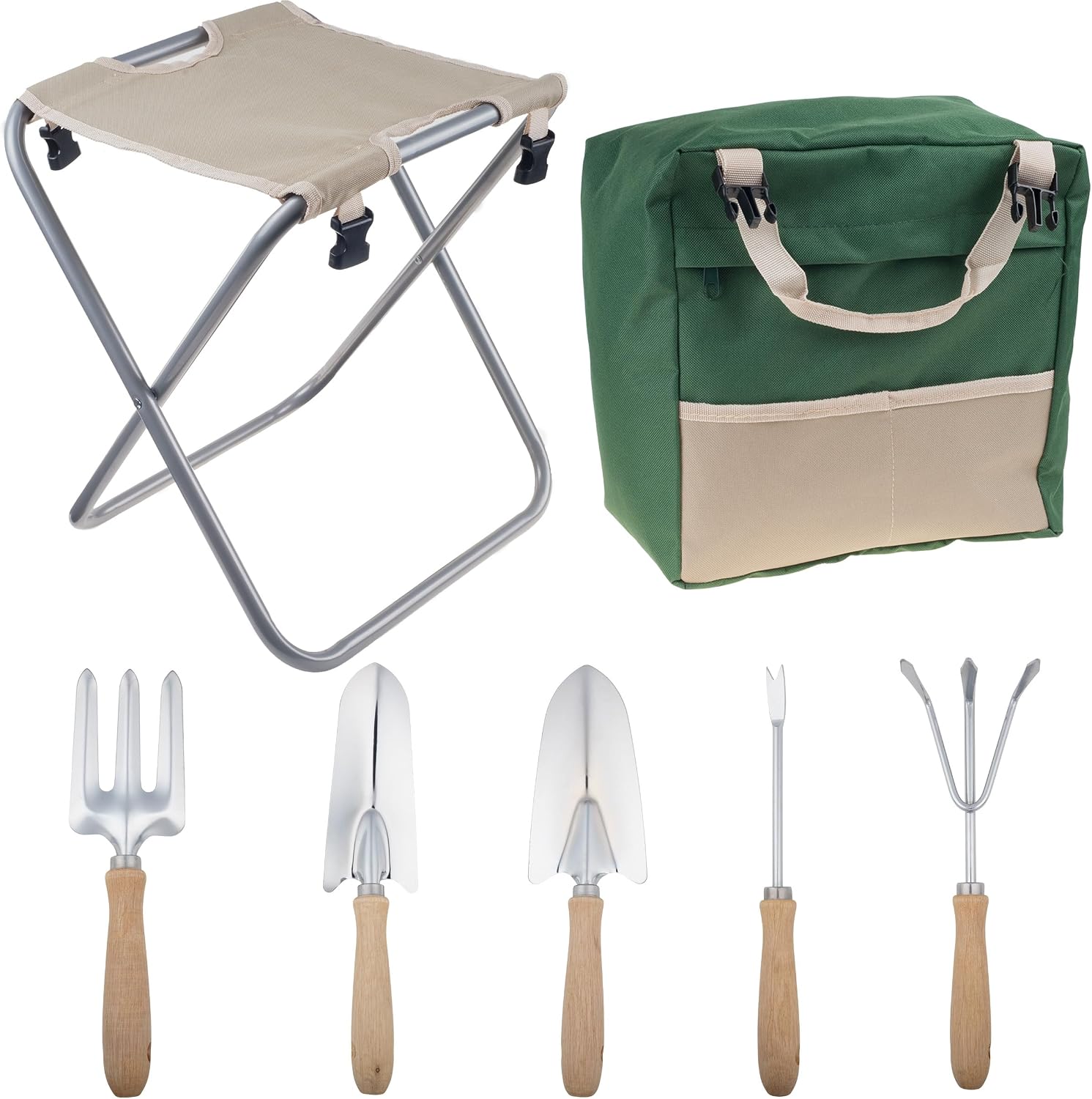 Pure Garden Folding Garden Stool with Tool Bag Plus 5 Garden Tools,Tan, Green and Silver