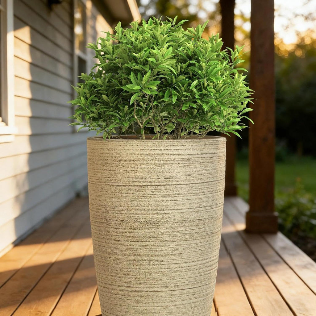 ZMTECH 4 Pack Plastic Planters 21/18/12/10in, Beige Faux Stone Finish Round Flower Pots with Drainage Holes & Saucers