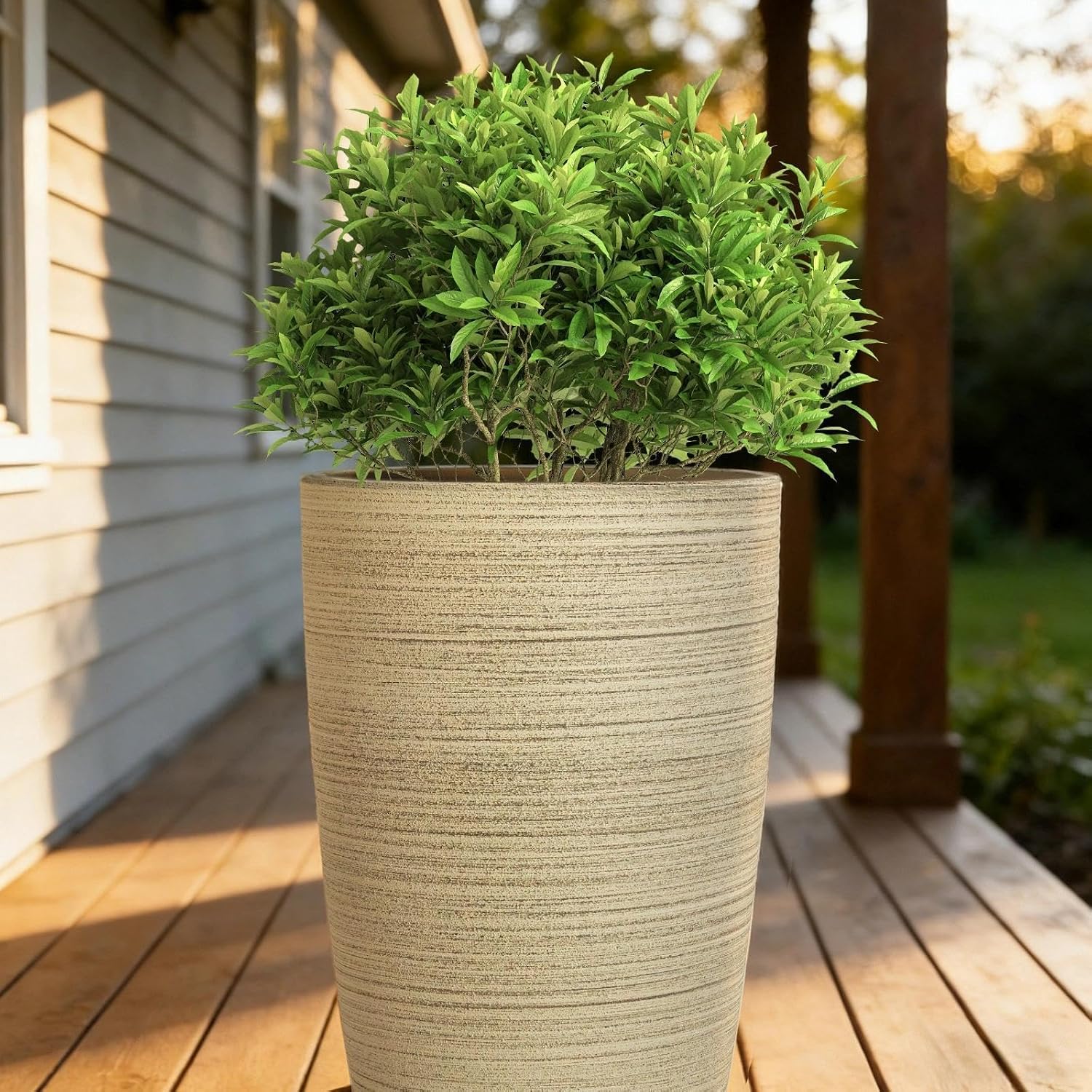 ZMTECH 4 Pack Plastic Planters 21/18/12/10in, Beige Faux Stone Finish Round Flower Pots with Drainage Holes & Saucers