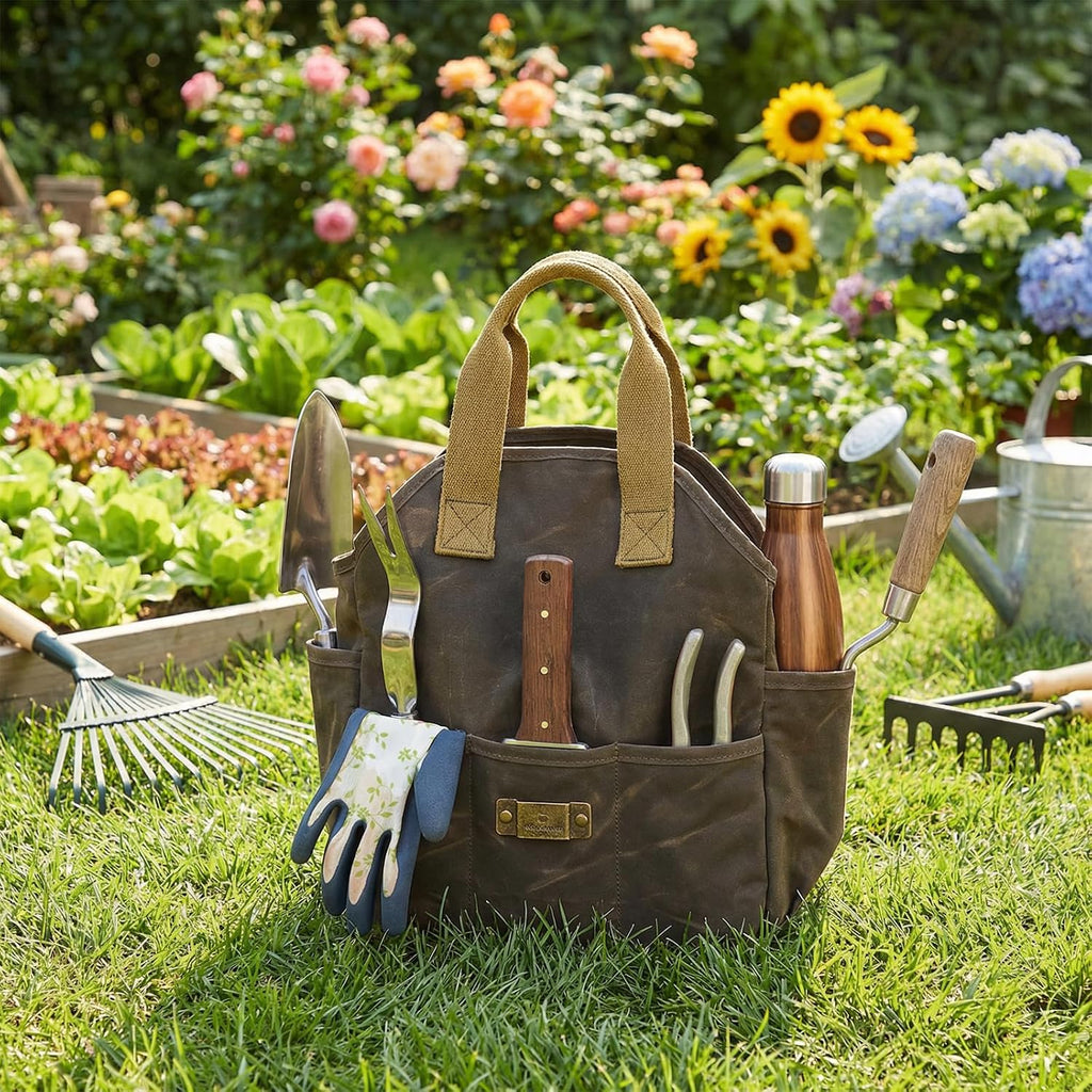 Waxed Canvas Garden Tool Bag Heavy Duty Yard Storage Florist Tote Organizer | Multipurpose, Waterproof Work Caddy