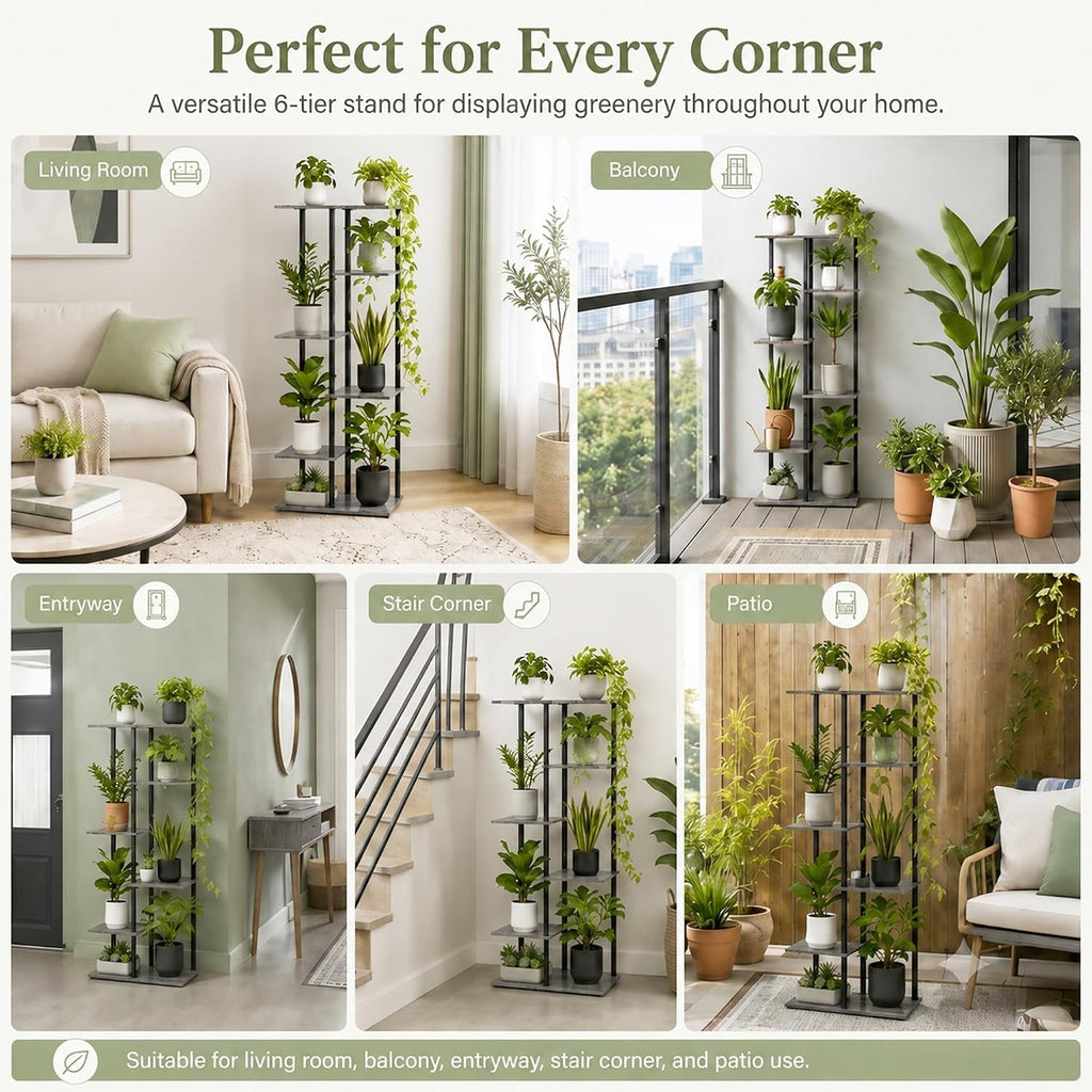 Corner Tall Plant Stand Indoor 6 Tier 8 Potted, Oak Grey | Functions as Flower Pots, Shelf, Decor Rack, Holder, Metal