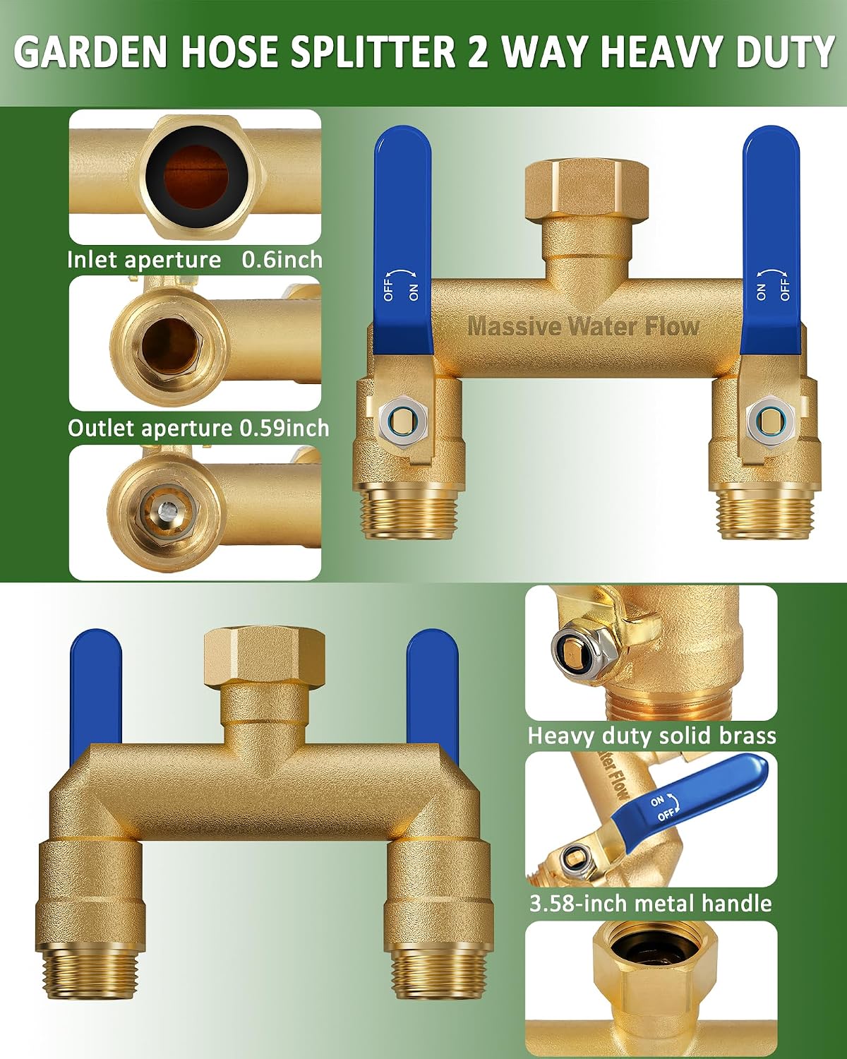 Hose Splitter 2 Way Heavy Duty, Full Flow Garden Hose Splitter with 2 Long Metal Handles, Brass Rust and Freeze
