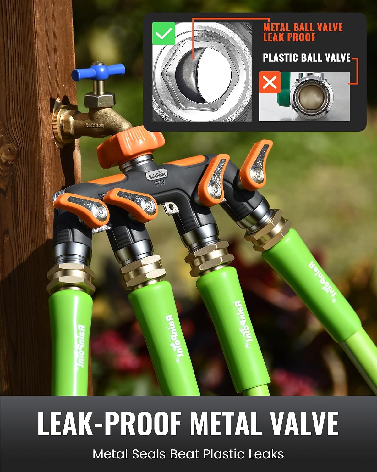 RAINPOINT 4 Way Garden Hose Splitter, 100% Metal Heavy Duty Water Hose Splitter with Individual Shut-Off Valves, 3/4"