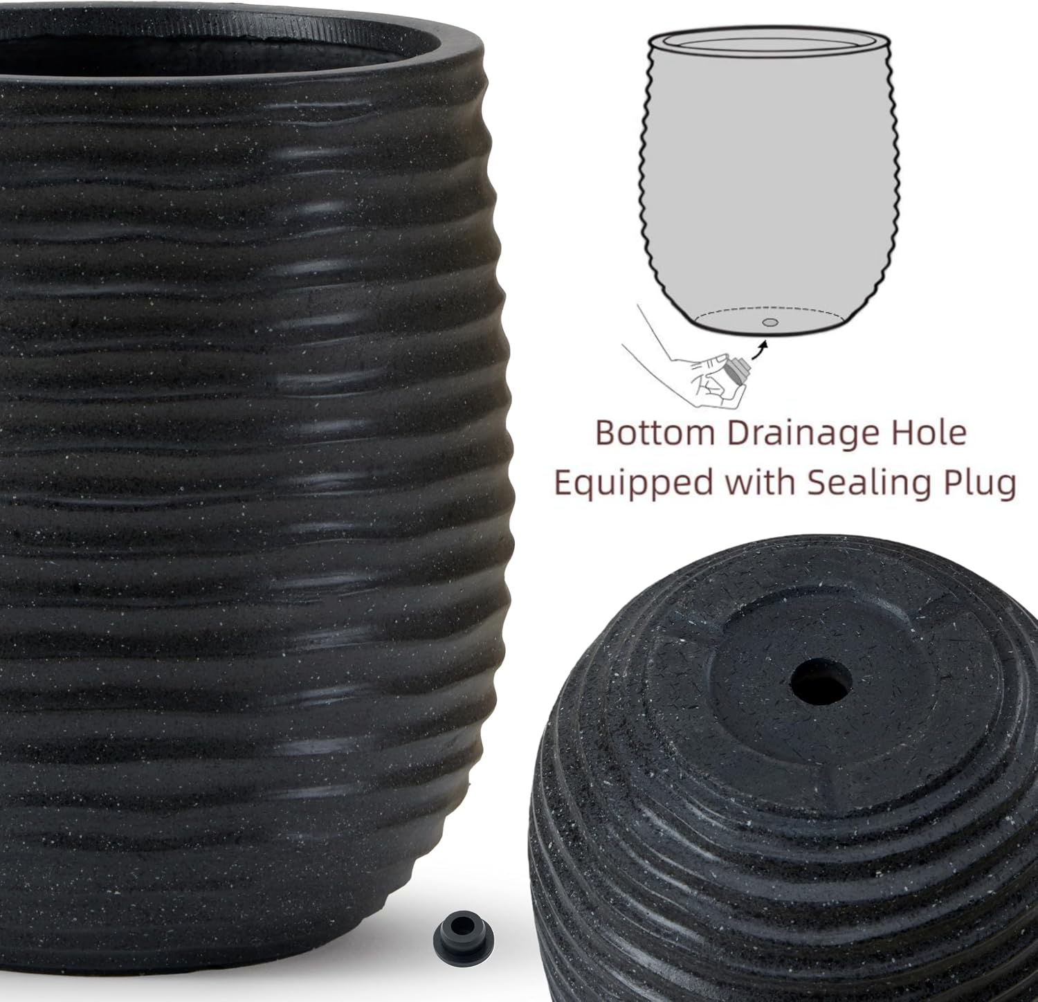 15" Dia x 16.5" H Concrete Planter with Wavy Texture, Black - 1 Pack | Large Flower Pot with Drainage Hole and Silicone