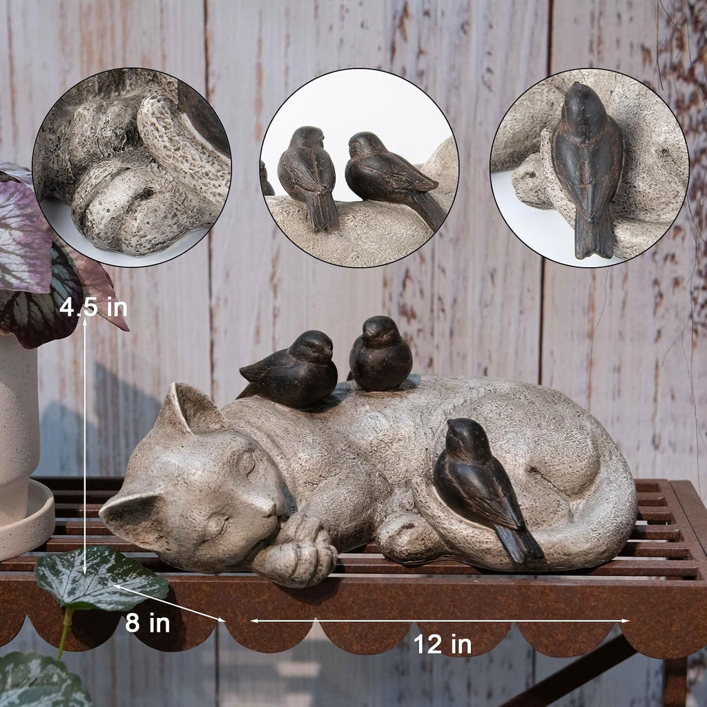 Sleeping Cat Garden Statues Outdoor - 12" Sparrows On Cat Figurine Memorial Statue Grave Markers Garden Resin Statues