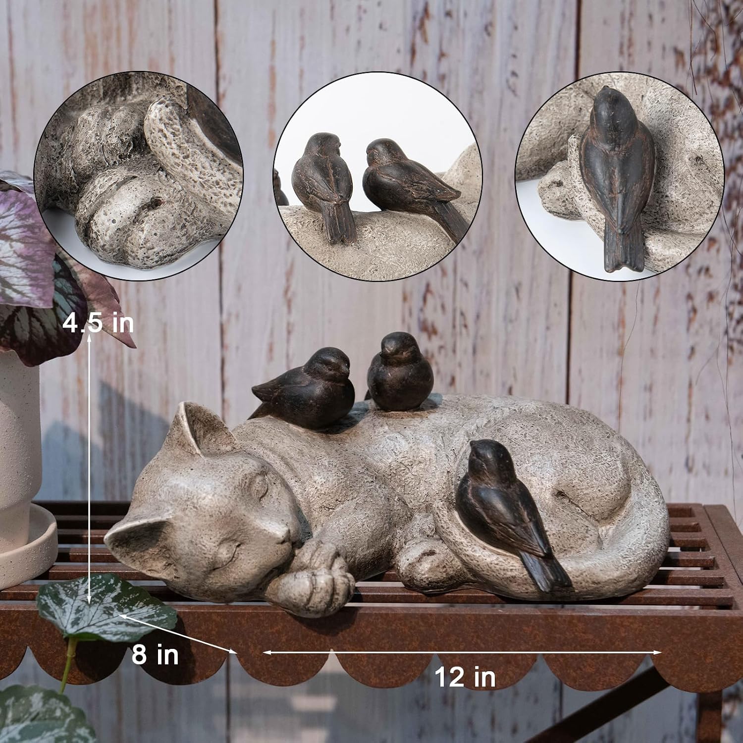Sleeping Cat Garden Statues Outdoor - 12" Sparrows On Cat Figurine Memorial Statue Grave Markers Garden Resin Statues