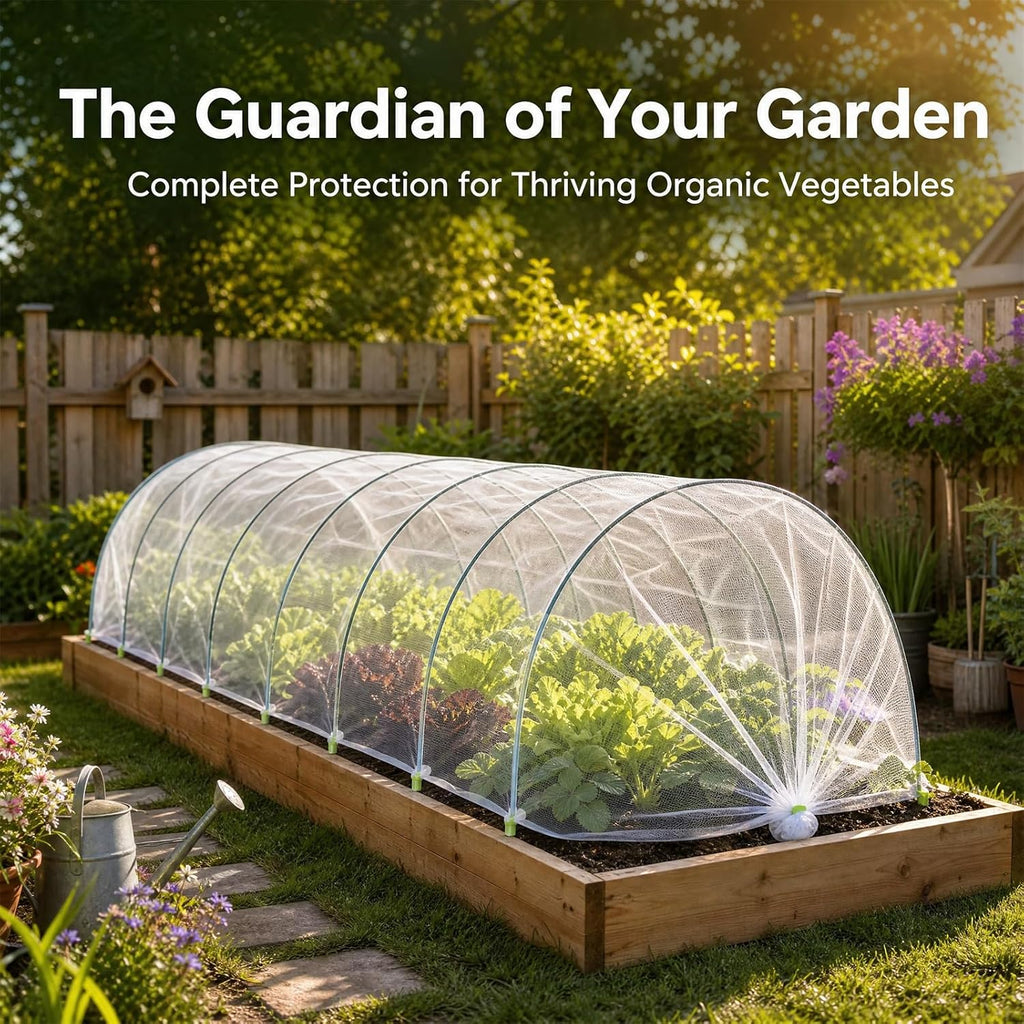 Garden Netting Kit, 10x30FT Ultra Fine Garden Mesh Netting with 6 Sets Garden Hoops, Insect Netting for Garden