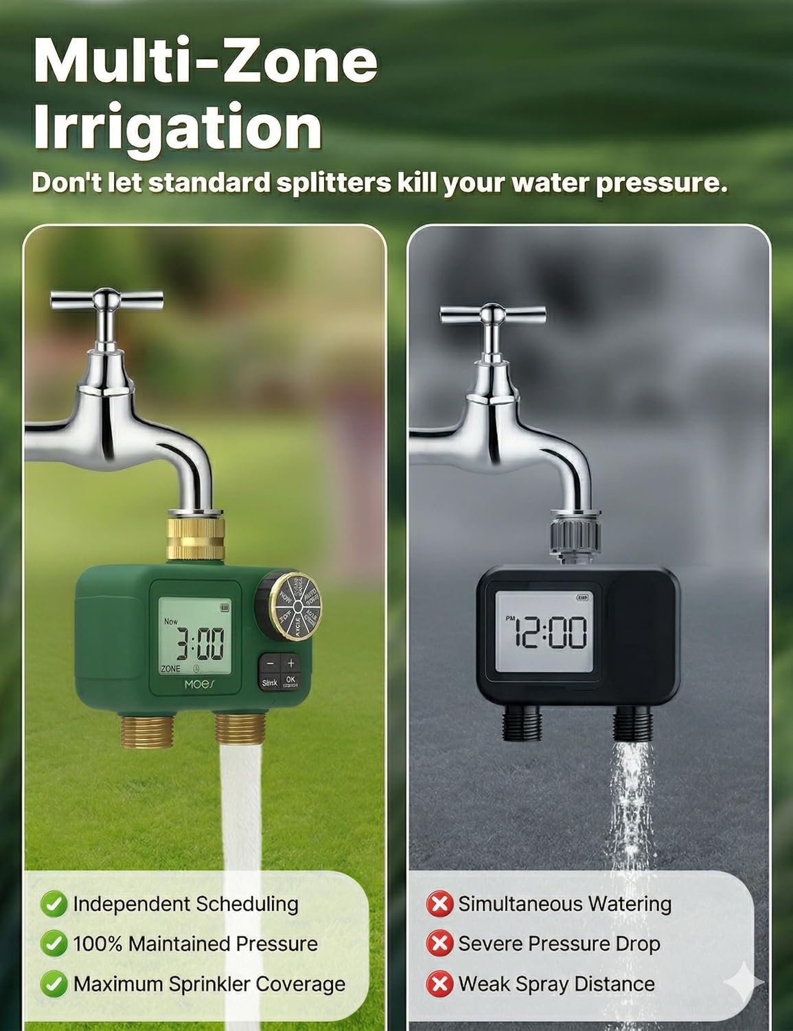 MOES 2 Zone Water Timer, Brass Fittings, Rain Delay, No Wi-Fi Required | 2 Independently Programmable Outlets With 3/4