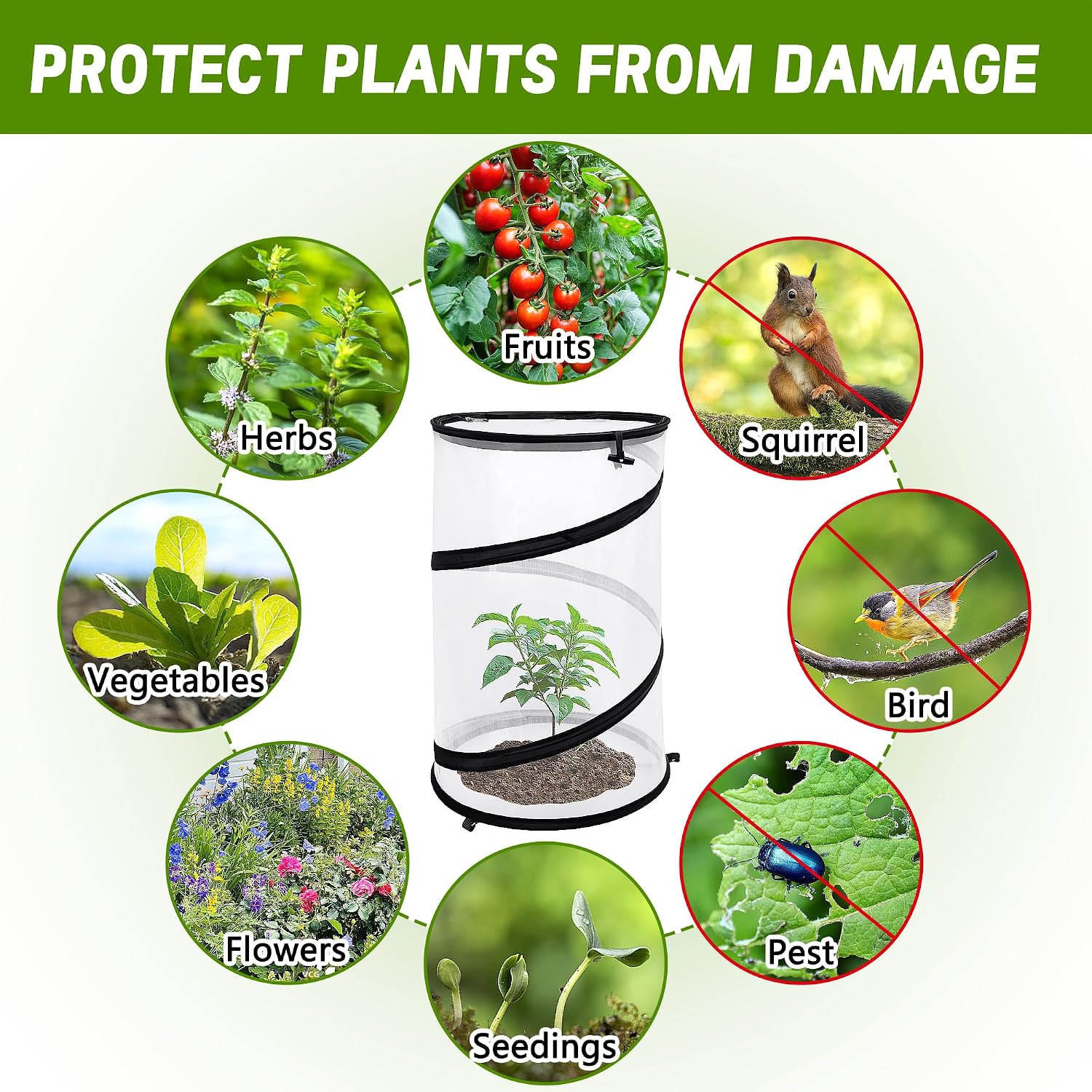 4 Pcs Pop Up Insect Barrier Plant Cover Net, 19.6" x 11.8" Round Foldable Plant Protectors Mesh Plant Enclosure, Garden