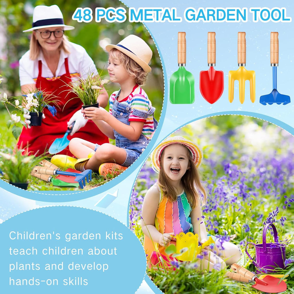100 Pcs 8" Kids Gardening Tools, Metal Beach Sandbox Digging Toys with Wooden Handle, Including Shovel, Rake, Fork and