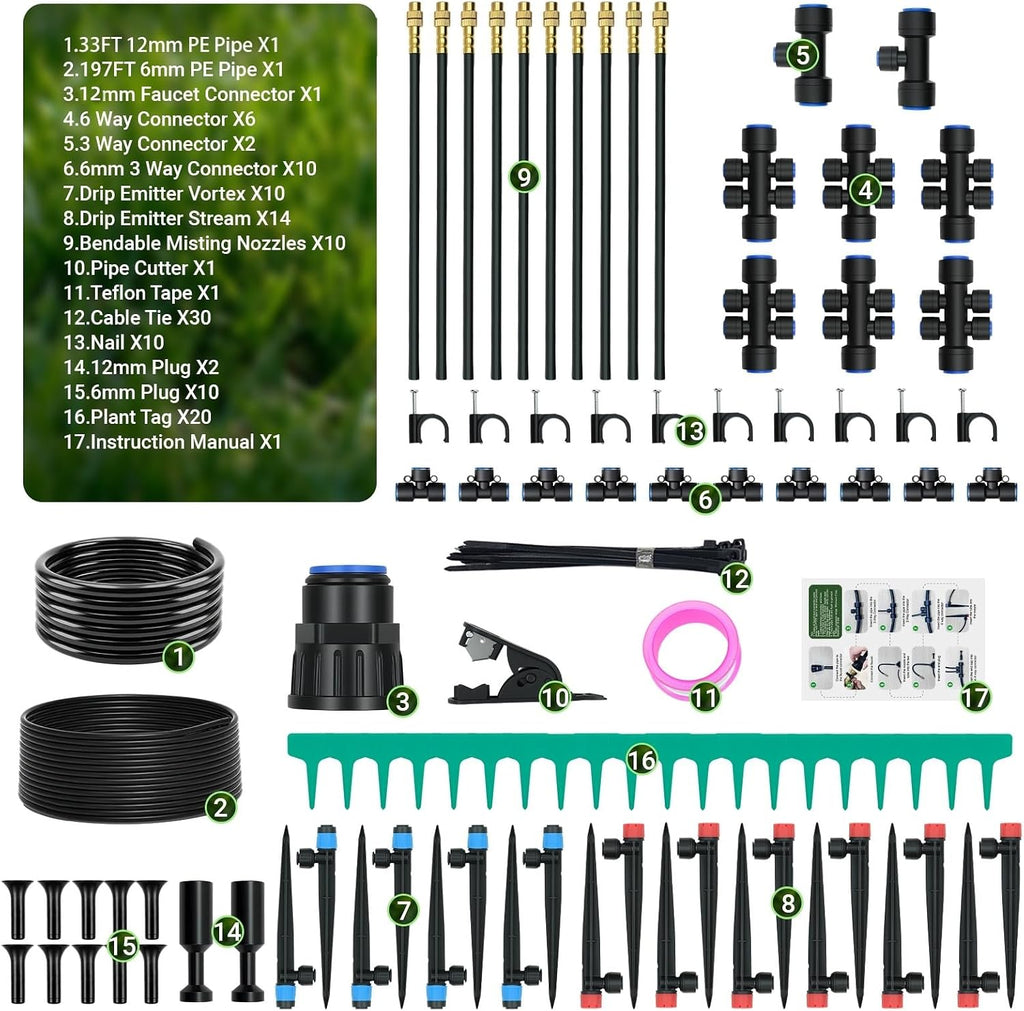 230FT Drip Irrigation Kit with 34 Emitters, 3 Spray Types, Watering System | Extra Long Garden Misting System, 3
