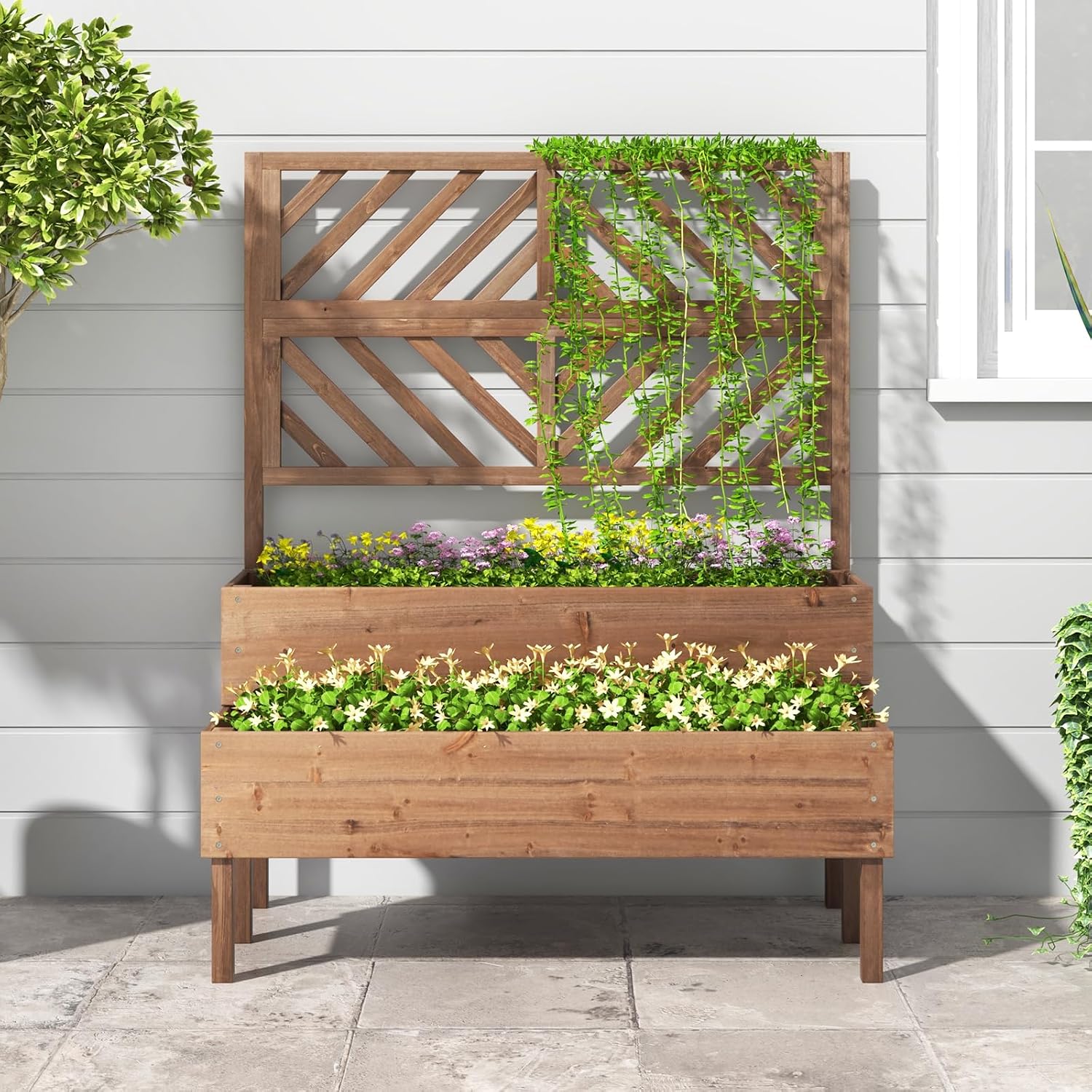 Raised Garden Bed with Trellis & 2 Planter Boxes, 2-Tier Outdoor Wooden Elevated Planter Box with Legs & Drainage