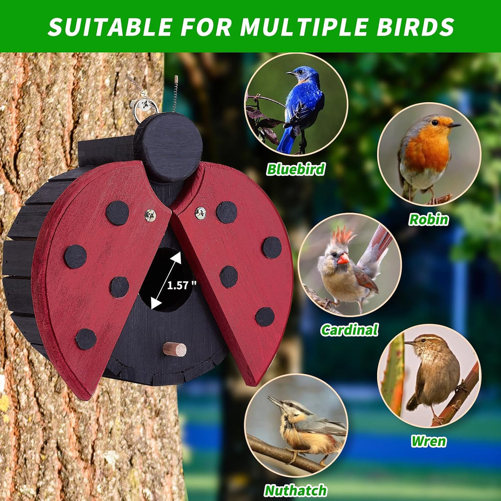 Bird Houses for Outside - Wooden Hanging Bird House - Ladybug-Shaped Birdhouse for Finches, Wrens, Cardinals - Outdoors