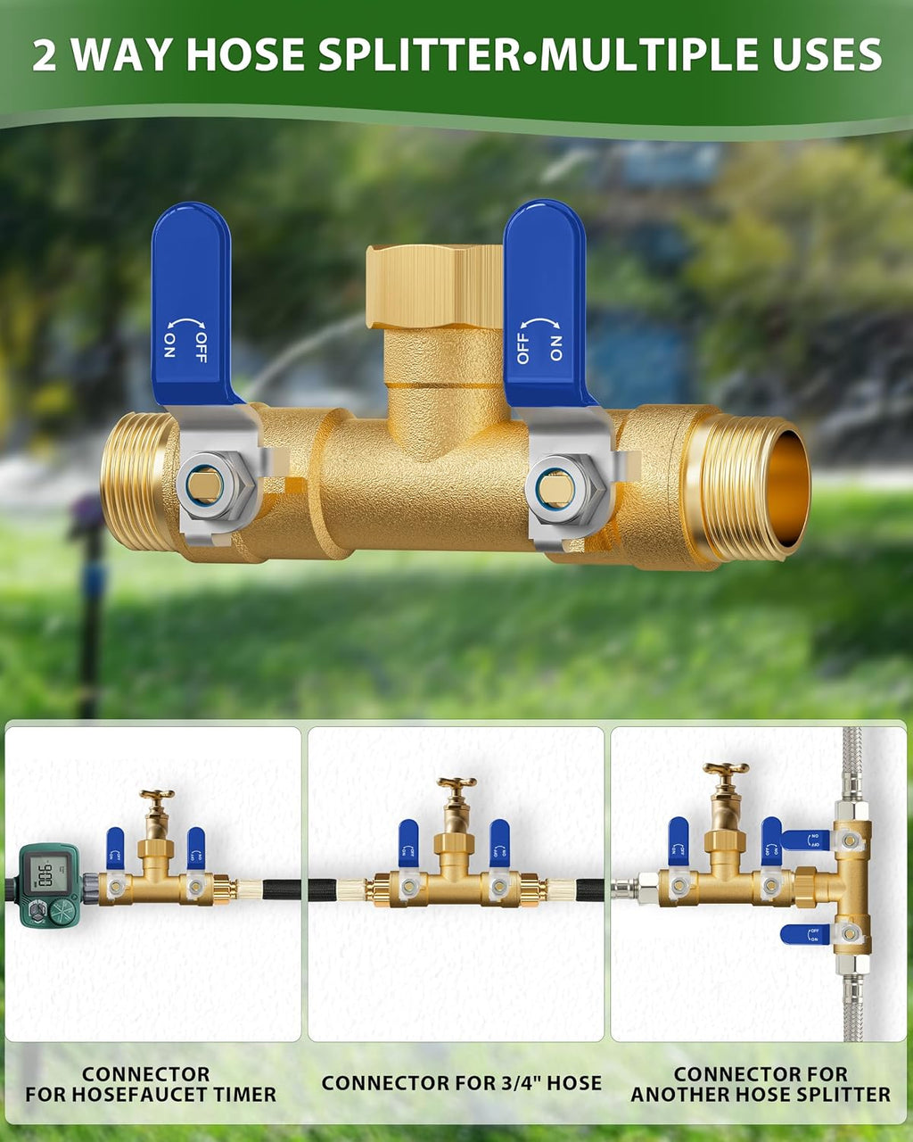 Hose Splitter 2 Way, Heavy Duty Brass Garden Hose Splitter | 0.59" Full Flow Ball Valve Outlet, Shut-Off Valve, 3/4"