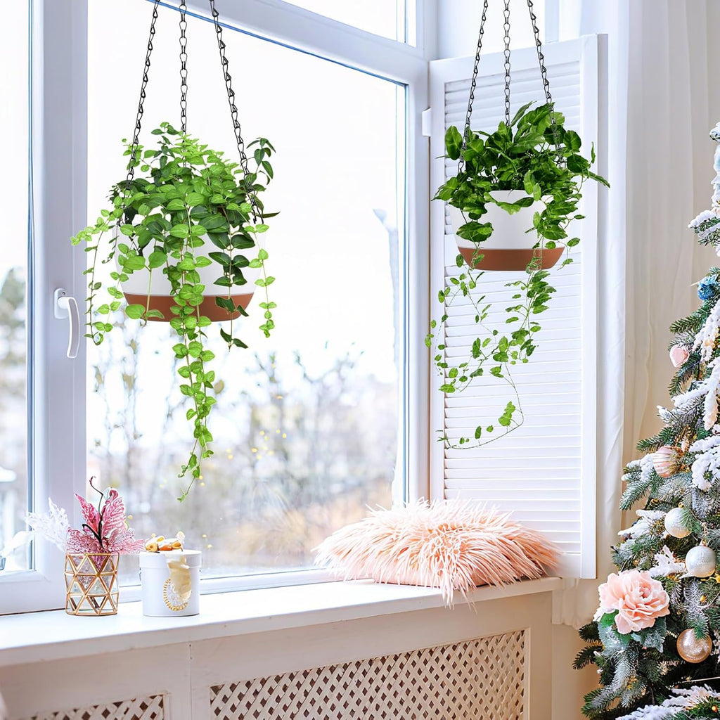 Set of 2-8 Inch Hanging Planters for Indoor Outdoor Plants | Self-Watering Hanging Flower Pots with Drainage Hole &