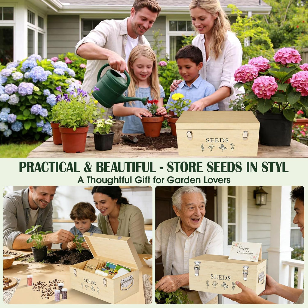 Bamboo Seed Storage Organizer, Large Garden Seed Organizer with Lid & Safety Lock & Handles, Seed Box Includes Seed