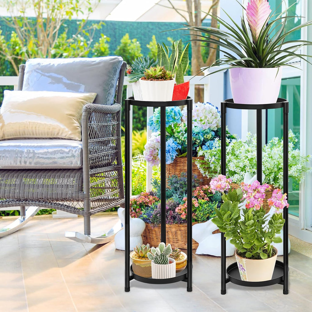 2 Tier Plant Stand Indoor, Black Corner Tiered Tall Plant Stand for Outdoor Multiple Plants, Metal Flower Pot Stands