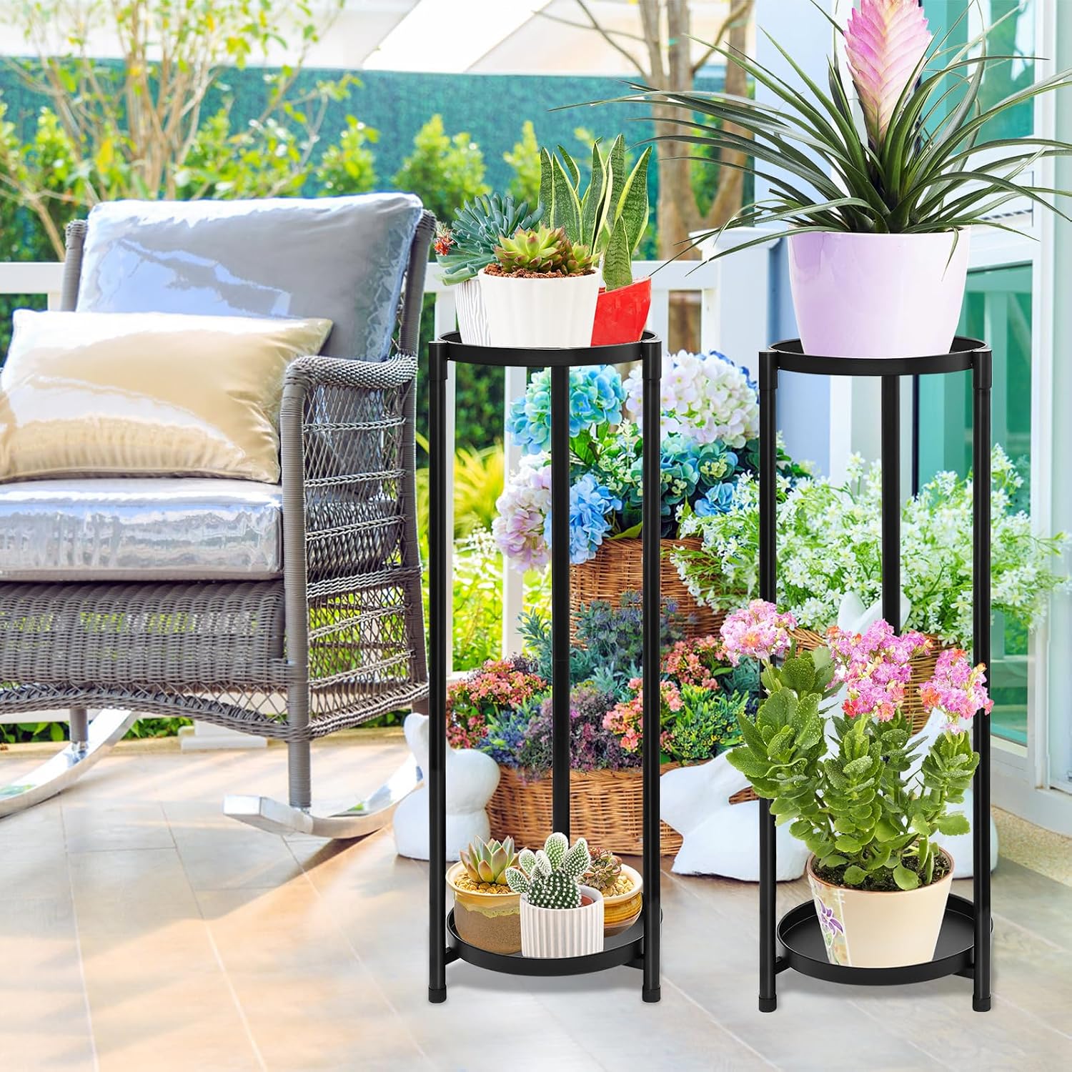 2 Tier Plant Stand Indoor, Black Corner Tiered Tall Plant Stand for Outdoor Multiple Plants, Metal Flower Pot Stands