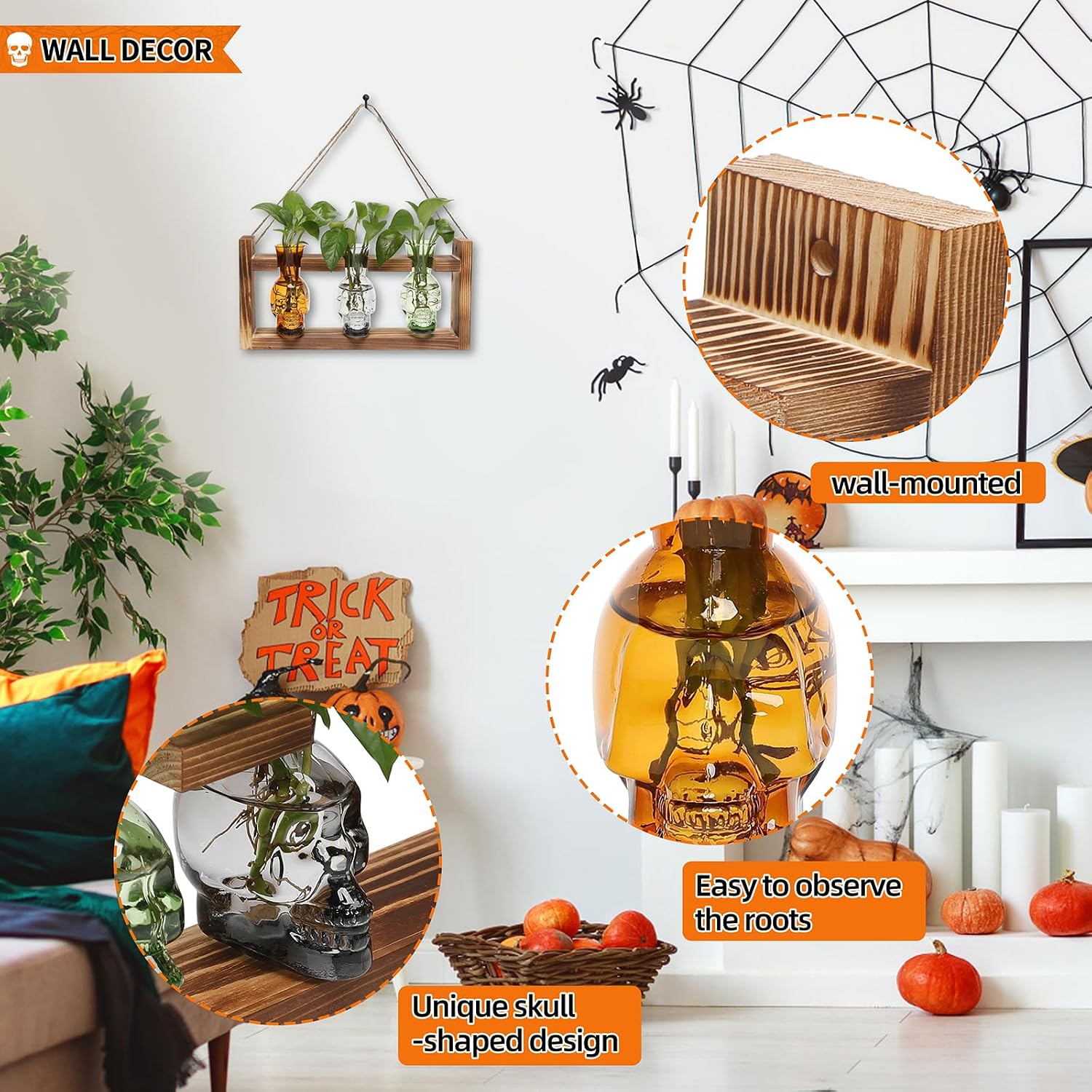 Plant Terrarium Propagation Stations Skull Planter Vase Skulls Decor | Hydroponics Halloween With Wooden Stand Gife for