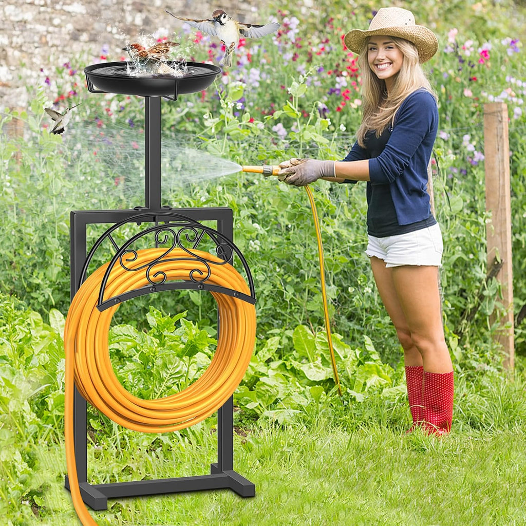 Garden Hose Holder Hanger Freestanding, Upgraded 4 Spikes Heavy Duty Storage Reel Stand with Bird Feeder Bowl, Holds