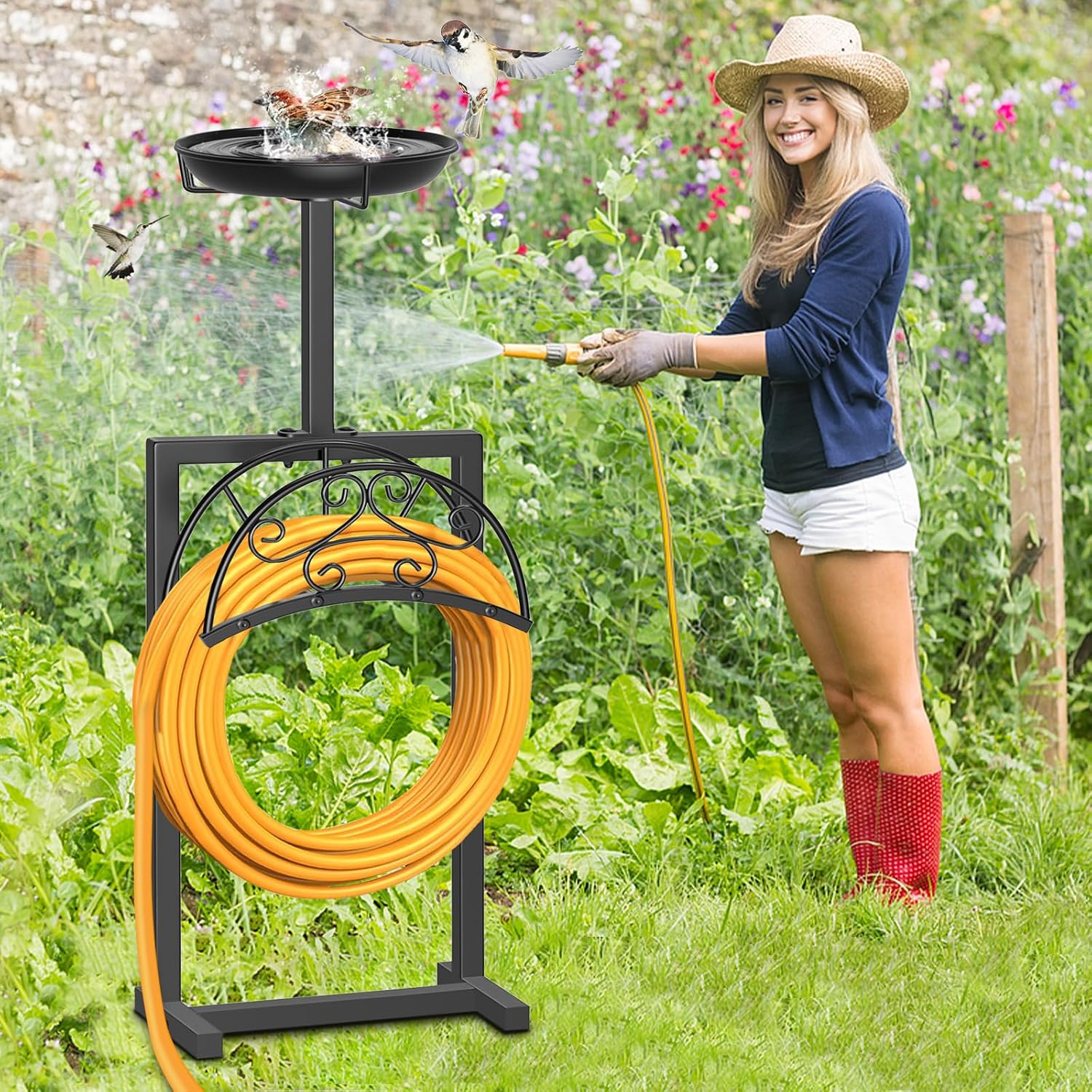 Garden Hose Holder Hanger Freestanding, Upgraded 4 Spikes Heavy Duty Storage Reel Stand with Bird Feeder Bowl, Holds