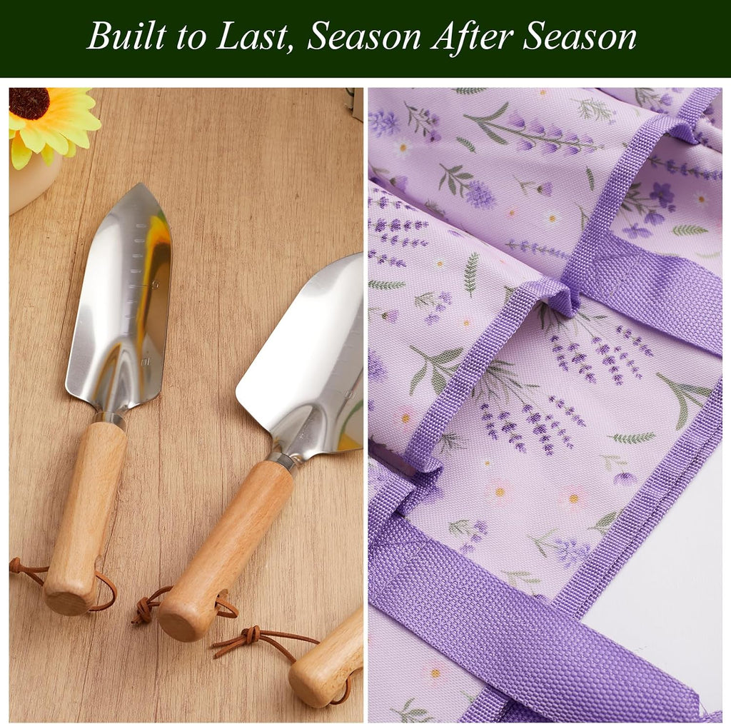 VerdantVibes Gardening Tool Set - 10 Piece Stainless Steel Garden Tools with Wood Handle, Pruners & Purple Lavender